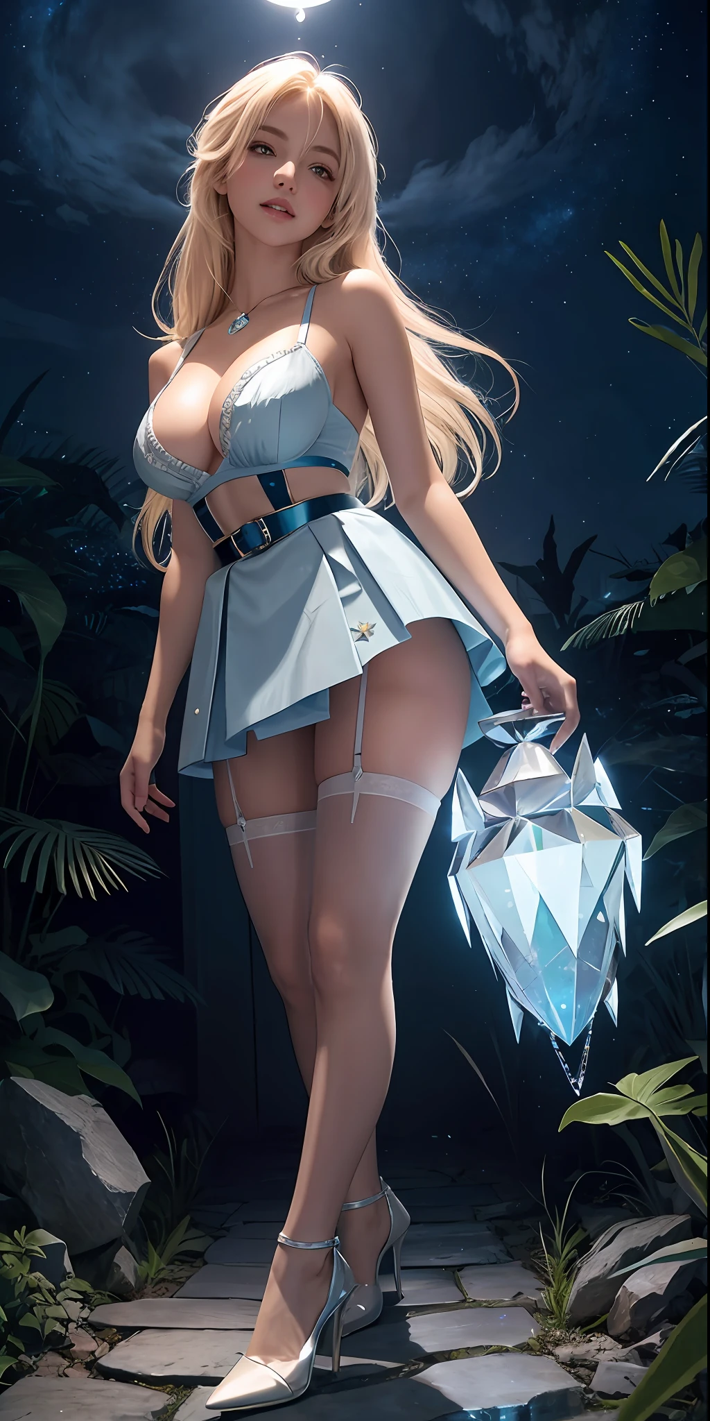 Hair blue gradient blonde, lifting mini skirt, chillerism, teeth, night sky, from below, beautiful healing face, crystal eyes, cleavage, garter belt, closed high heels, inner, face focus, shiny skin, game CG, nearby sky, moonlight, red moon, white shining high heels, mini dress glass magical girl beauty, intricate surface details, crystal core, Ethereal fantasy, real, fiction, Full HD, 8K photos