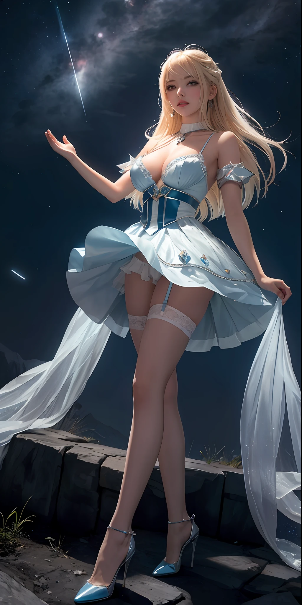 Hair blue gradient blonde, lifting mini skirt, chillerism, teeth, night sky, from below, beautiful healing face, crystal eyes, cleavage, garter belt, closed high heels, inner, face focus, shiny skin, game CG, nearby sky, moonlight, red moon, white shining high heels, mini dress glass magical girl beauty, intricate surface details, crystal core, Ethereal fantasy, real, fiction, Full HD, 8K photos