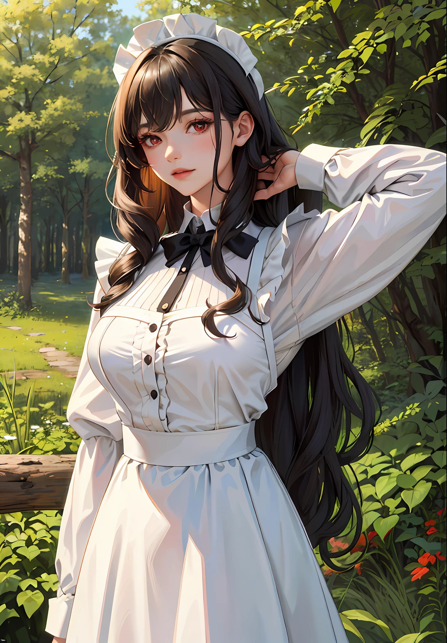 (masterpiece:1.2, best quality), (30 years old,solo, upper body:1.2), Clothing: Maid outfit, ((conservatively dressed)), Hair: Big wavy curls, Makeup: Natural, glowing skin, Behavior: relaxed, carefree, free-spirited, Location: wild, forest, Tyndall effect, outdoor festival, red eyes, big bust