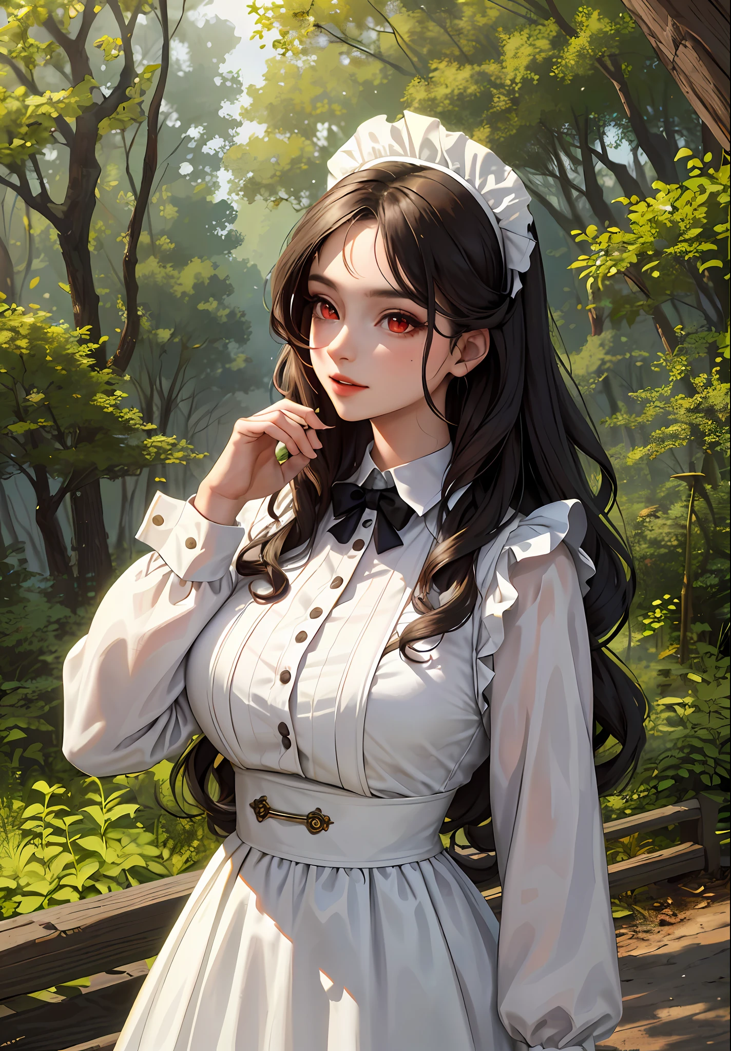(masterpiece:1.2, best quality), (30 years old,solo, upper body:1.2), Clothing: Maid outfit, ((conservatively dressed)), Hair: Big wavy curls, Makeup: Natural, glowing skin, Behavior: relaxed, carefree, free-spirited, Location: wild, forest, Tyndall effect, outdoor festival, red eyes, big bust