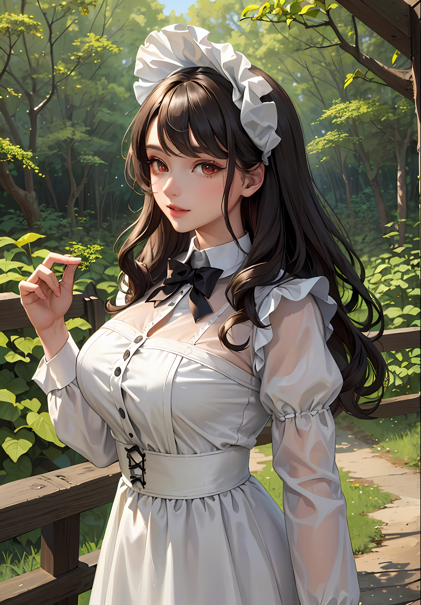 (masterpiece:1.2, best quality), (30 years old,solo, upper body:1.2), Clothing: Maid outfit, ((conservatively dressed)), Hair: Big wavy curls, Makeup: Natural, glowing skin, Behavior: relaxed, carefree, free-spirited, Location: wild, forest, Tyndall effect, outdoor festival, red eyes, big bust