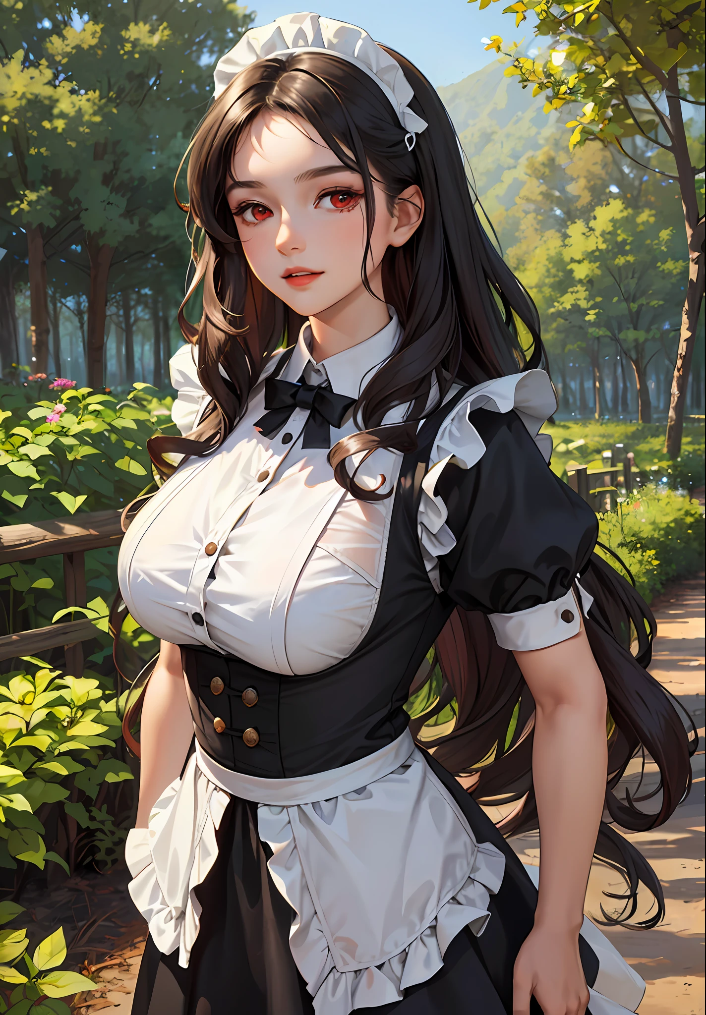 (masterpiece:1.2, best quality), (30 years old,solo, upper body:1.2), Clothing: Maid outfit, ((conservatively dressed)), Hair: Big wavy curls, Makeup: Natural, glowing skin, Behavior: relaxed, carefree, free-spirited, Location: wild, forest, Tyndall effect, outdoor festival, red eyes, big bust