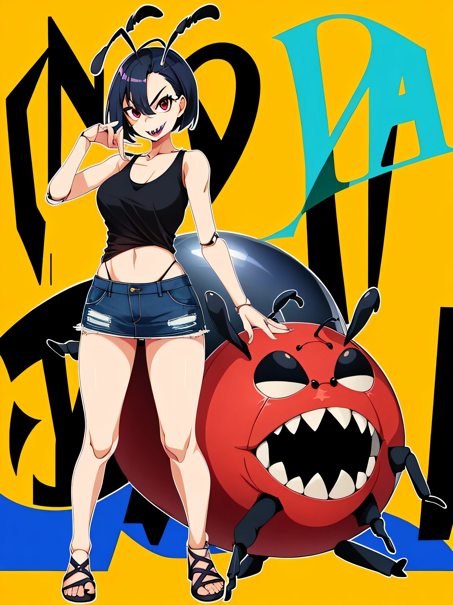 1girl, solo, doll joints, insect antenna, short hair, black hair, tongue out, full body, tall stature, sharp teeth, standing, pointed fingers, long fingers, crazy look, casual clothes, tank top, thin waist, short skirt, wide hips