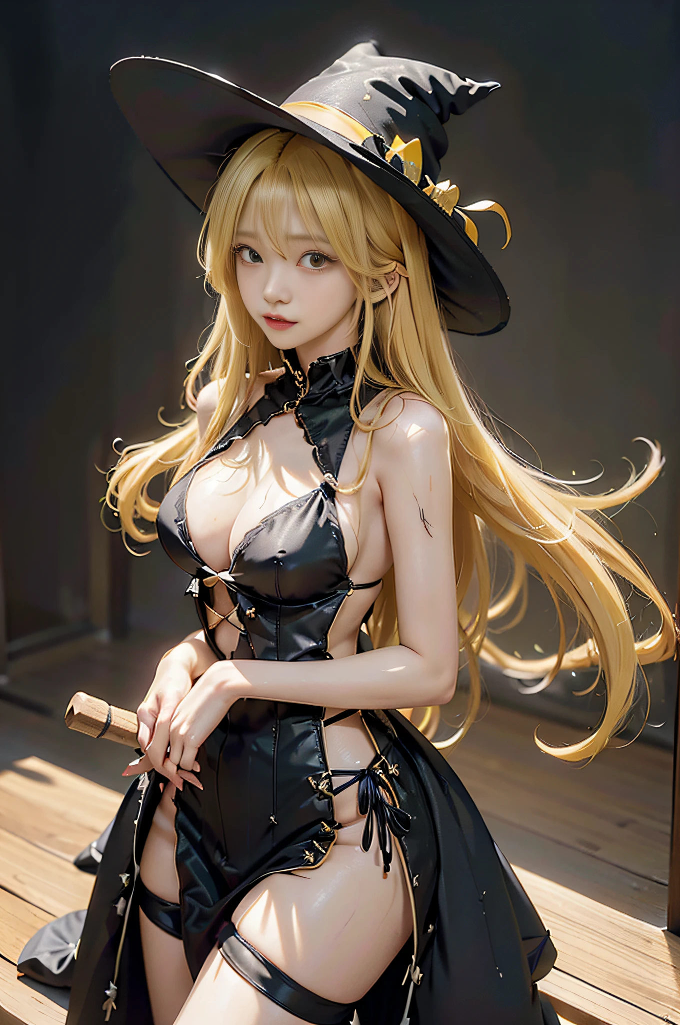 ((Marisa Drizzle)), ((Touhou Project)), Cosplay, ((Yellow hair)), ((Long hair)), ((Black witch hat)), ((Black clothes)), Middle breast, ((Light clothing)))), (Pause)))), ((Mori)))), Full body, Slim body, Slim girl model, 18 year old female model, Devil's smile, Cleaning with bamboo broom