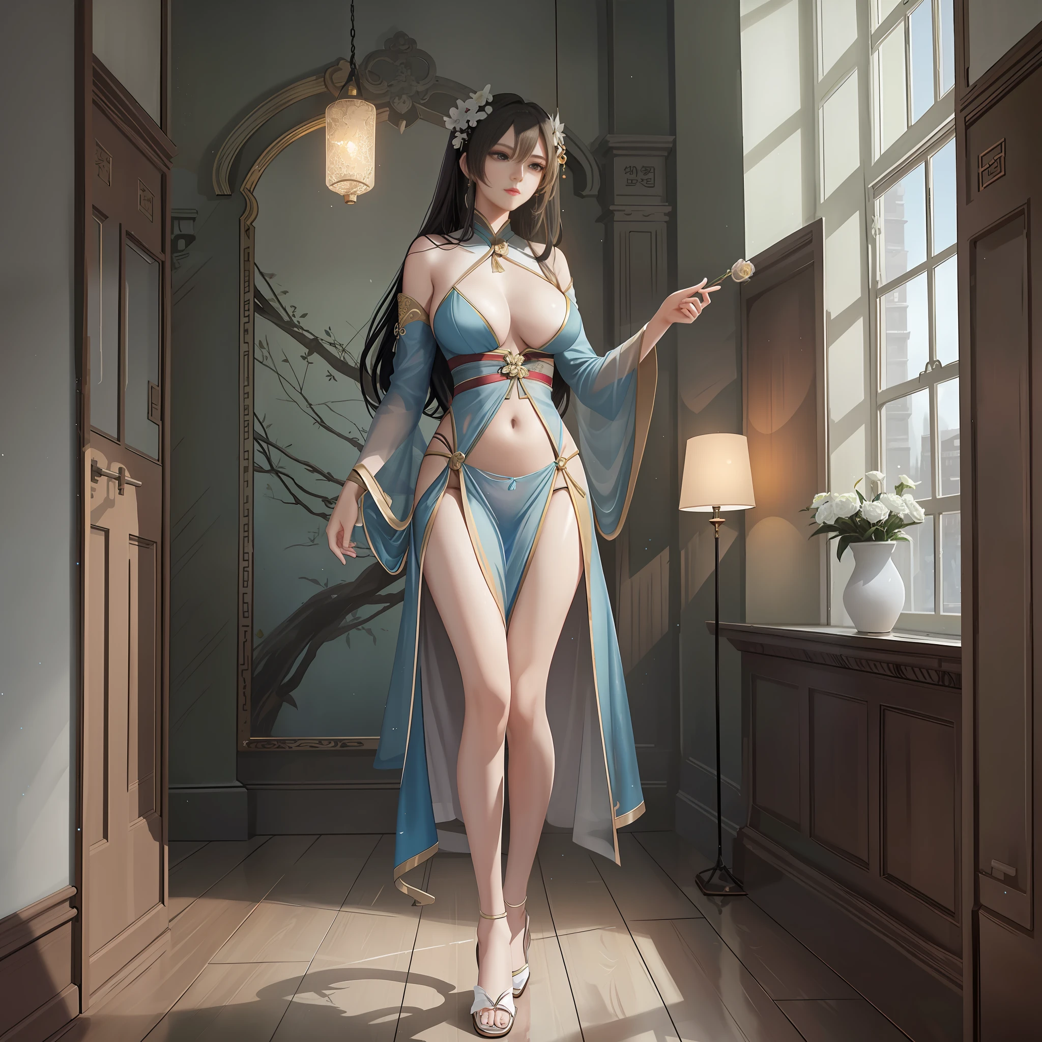 A sexy female model standing in an unreal space, 4k, silk hanfu, thong crystal heels, delicate skin, long legs, tall figure, movie lights, full body