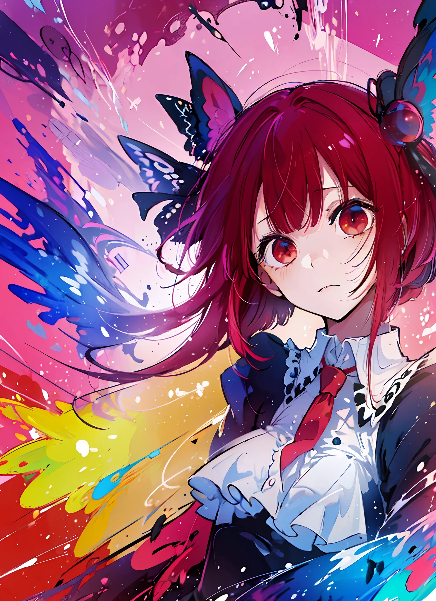 (flat color:1.3),(colorful:1.3),(masterpiece:1.2), best quality, masterpiece, original, extremely detailed wallpaper, looking at viewer,1girl,solo,floating colorful water, red hair, red eyes, medium breast