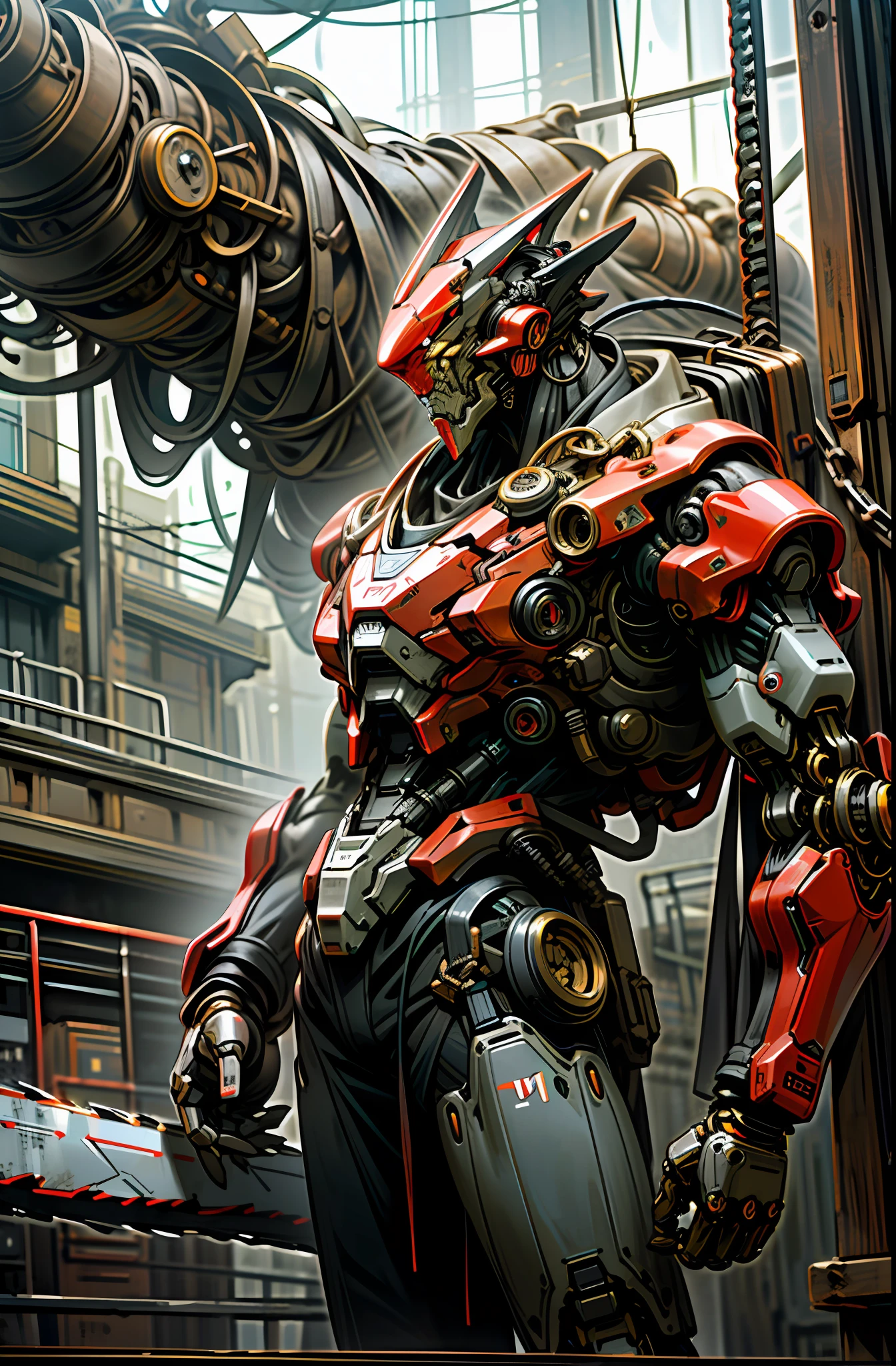 Dark_Fantasy, Cyberpunk, (chain saw, chain saw man, Red: 1.1), 1man, Mechanical marvel, Robotic presence, Cybernetic guardian, wearing shabby mech suits, intricate, (steel metal [rusty]), elegant, clear focus, photographed by Greg Rutkowski, Soft lighting, bright colors, masterpiece, ((street))