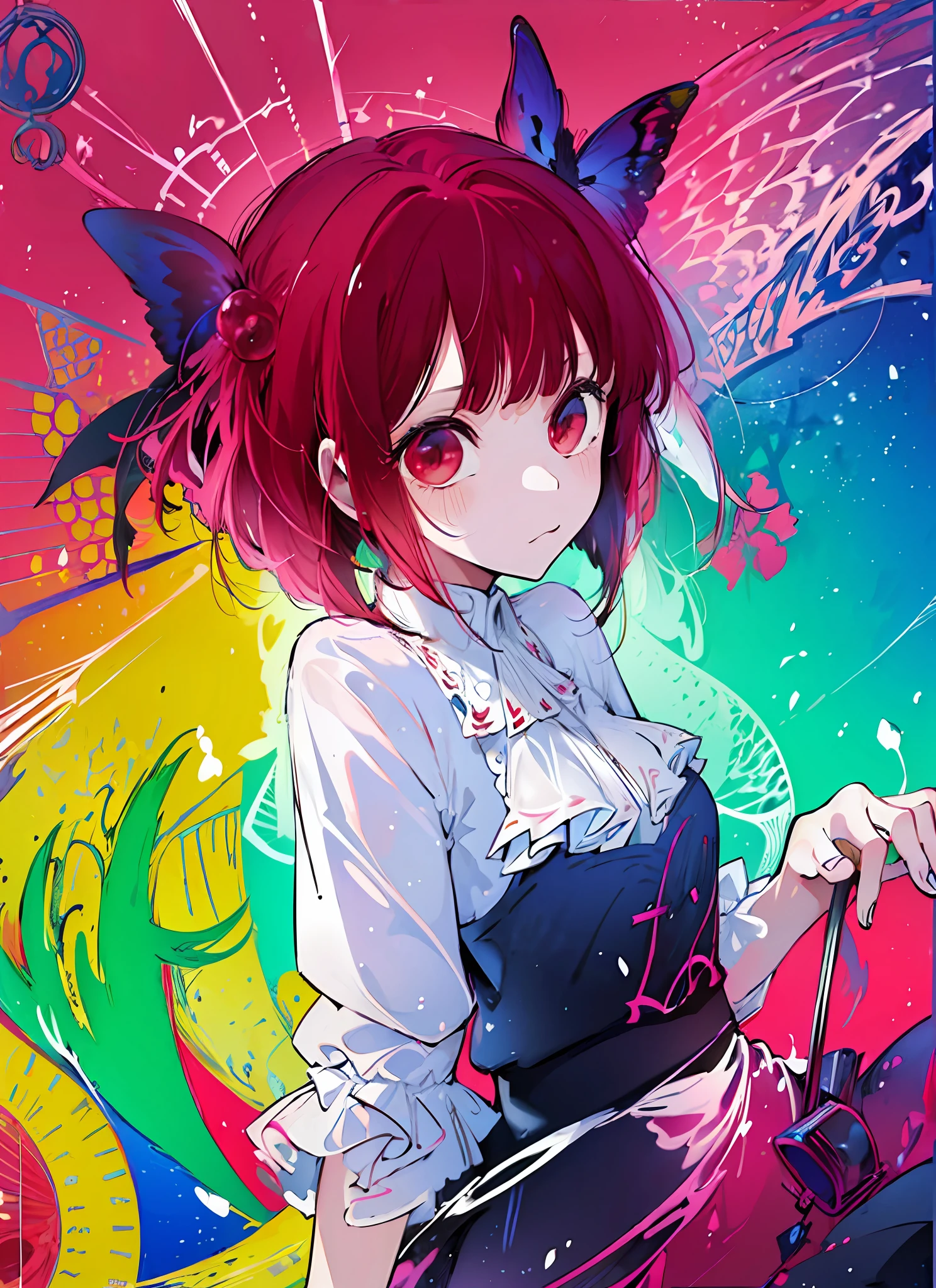 (flat color:1.3),(colorful:1.3),(masterpiece:1.2), best quality, masterpiece, original, extremely detailed wallpaper, looking at viewer,1girl,solo,floating colorful water, red hair, red eyes, medium breast