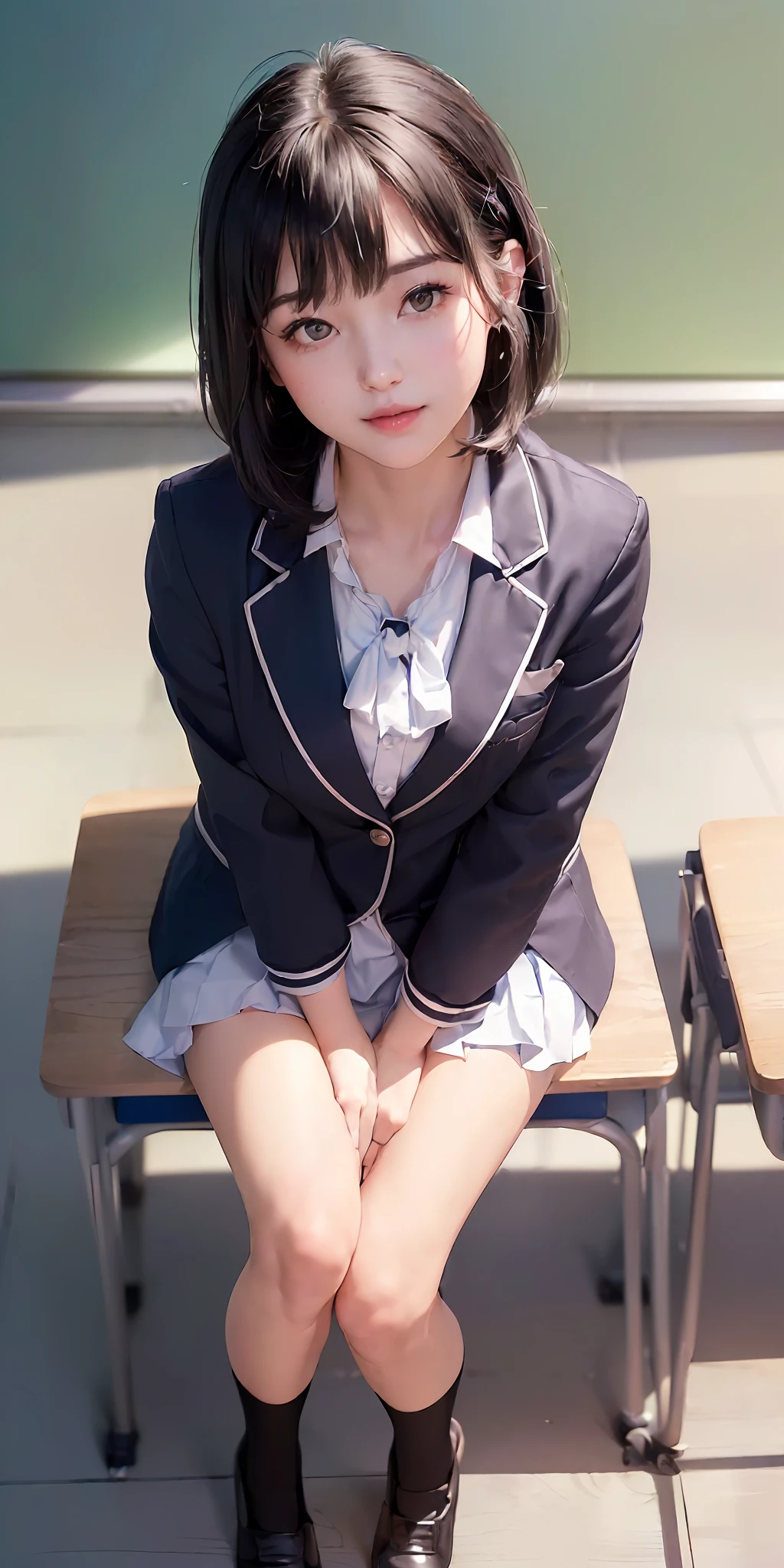 ((8k, RAW photos, top quality, masterpieces), high-definition RAW color photos, professional close-up photos, complete anatomy, (realistic, photorealism: 1.37), (highest quality), (best shadows), (best illustrations), collarbones (((B cup)), ((erotic, sexy, ultra high resolution, high-definition CG unified 8K wallpapers, physically based rendering, movie lighting), (aegyo sal) :1), 18-year-old girl, (gray blazer, ribbon, navy blue high socks, high school uniform: 1.2), high school classroom, beautiful detail eyes, light on face, ((full body shot: 1.2)), especially strong light, (upper eyes, grinning smile: 1.2),shiny skin, (((black hair, bob hair: 1.2)), ( thick thighs), ulzzang-6500-v1.1:0.2, shy, ( Flash: 1.2), NSFW, (Puffy, ((Seductive Posture: 1.2, Attractive: 1.2)), (Idol), ((Sitting at a desk in classroom: 1.2)), ((Good Anatomy: 1.2)), ((Bright and refreshing classroom, background blurred: 1.2)), Perfect Face, Cute Face, (High angle shot:1.2)