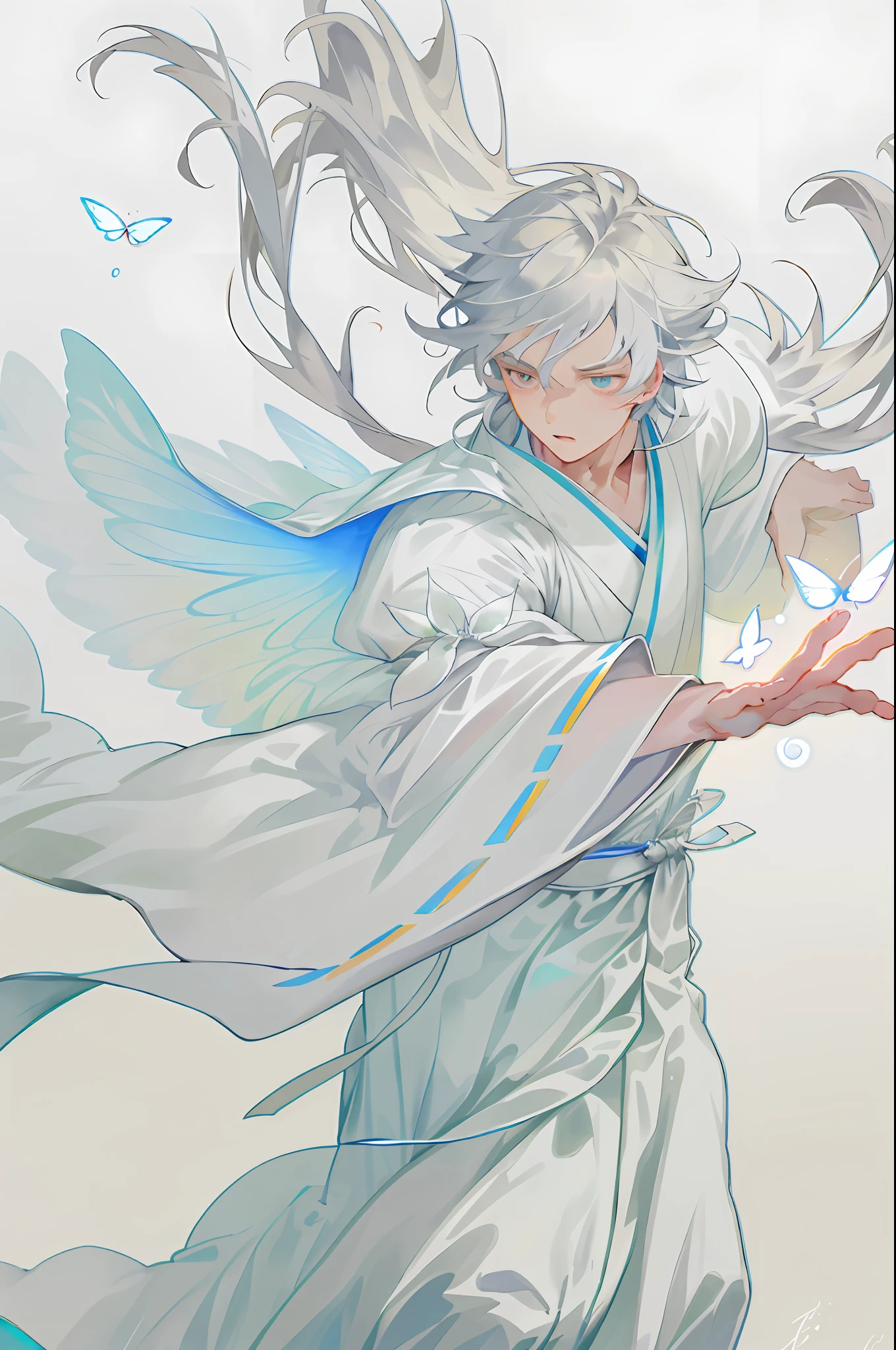 A boy, white Hanfu, long silver hair, delicate eye portrayal, handsome, fairy fluttering, ancient style, mist, floating, wide robe with large sleeves, dynamic pose, dramatic composition, fluttering hair, butterfly, extreme detail, high resolution, vivid expression, dancing pose, opal-like eyes