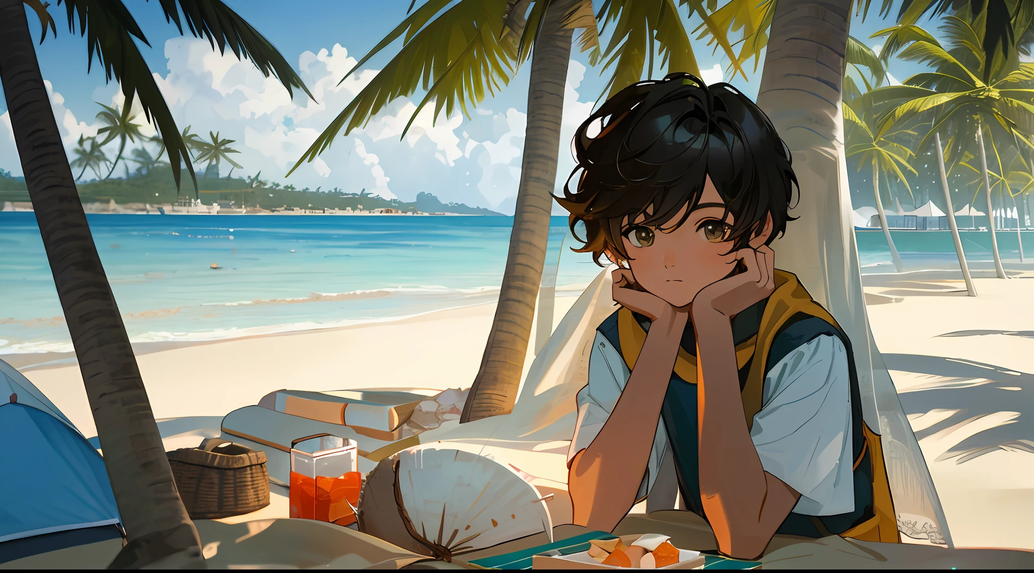 Upper body, depth of field, cinematic angle, masterpiece, best quality, super detailed, CG, 8K wallpaper, one boy and one girl, solo, sitting on the beach, looking at the sea, sand, coconut trees, camping, picnic