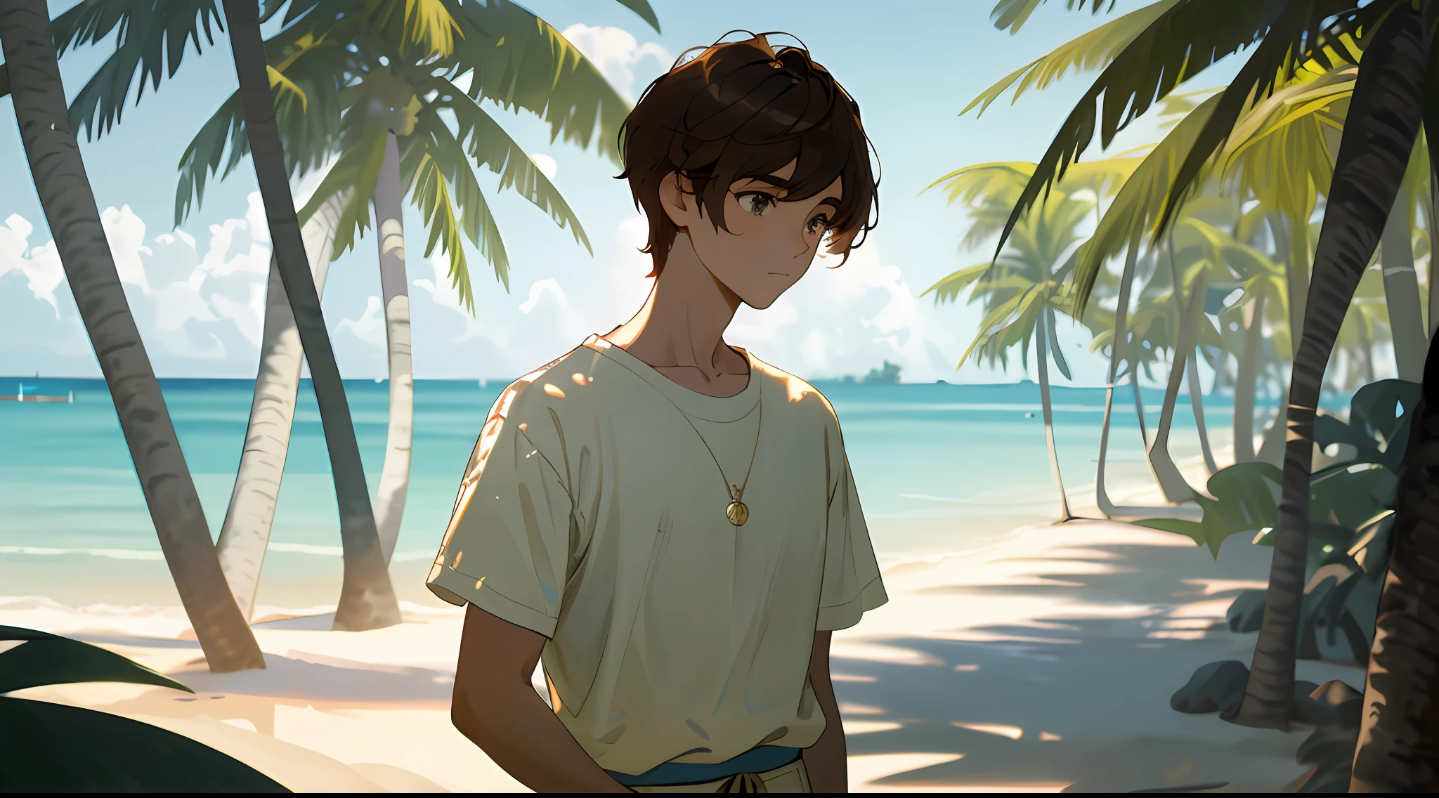 Bust, upper body, vista, panorama, perspective, depth of field, cinematic angle, masterpiece, best quality, super detailed, CG, 8K wallpaper, pretty face, delicate eyes, a young man, solo, brunette hair, white short sleeves, shorts, slippers, looking at the sea, sand, coconut trees, standing under trees, camping, picnic