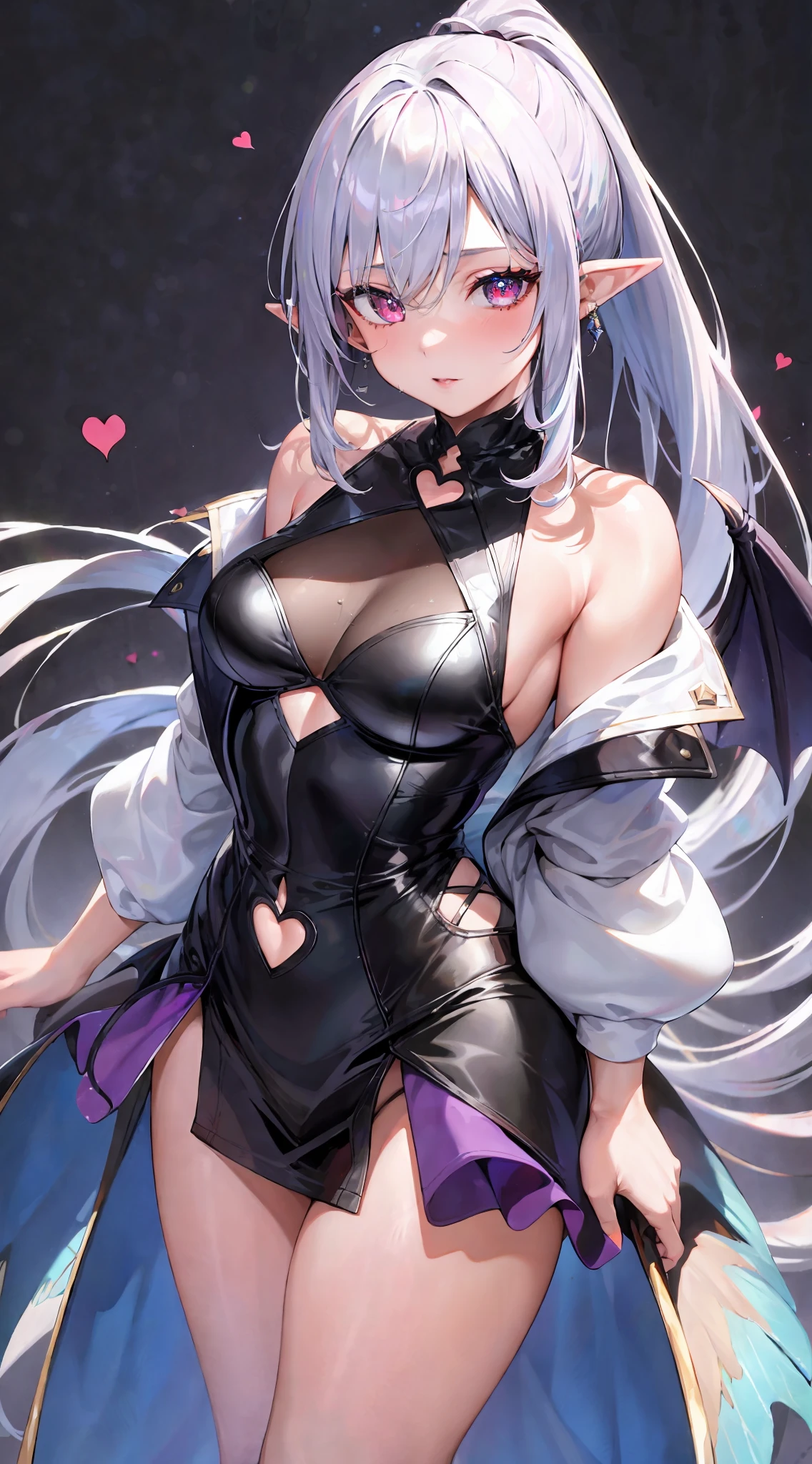 ((masterpiece, best quality)), 1girl, (mature female:1.4), 130mm f1.4 lens, 1girl, solo, pointy ears, heart-shaped pupils, microdress, from above, demon girl, flat chest, demon wings, saturated, colorful, multicolored hair, silver hair, bleu hair, multicolored eyes,SLE, mksks-style, Top quality, Masterpiece, Detailed background, Very detailed, Complex and detailed face, Long eyelashes, Detailed eyes, (Adult female, standing: 1.1), (High ponytail: 1.3), (Thighs thick: 1.0), (Big: 1.3), (White background: 1.3), (Solo: 1.3)