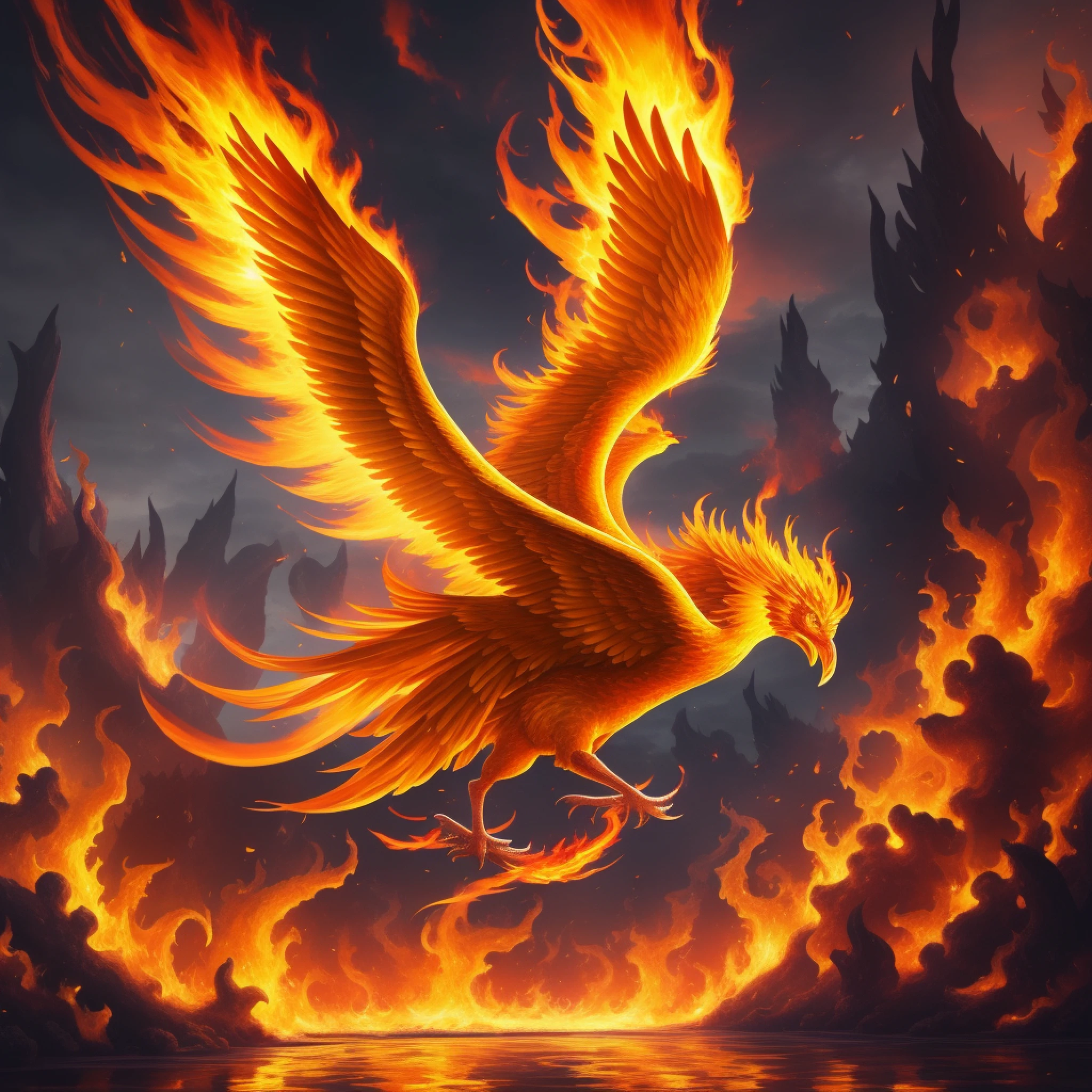 Flaming Golden Phoenix flying in a swamp, 4K