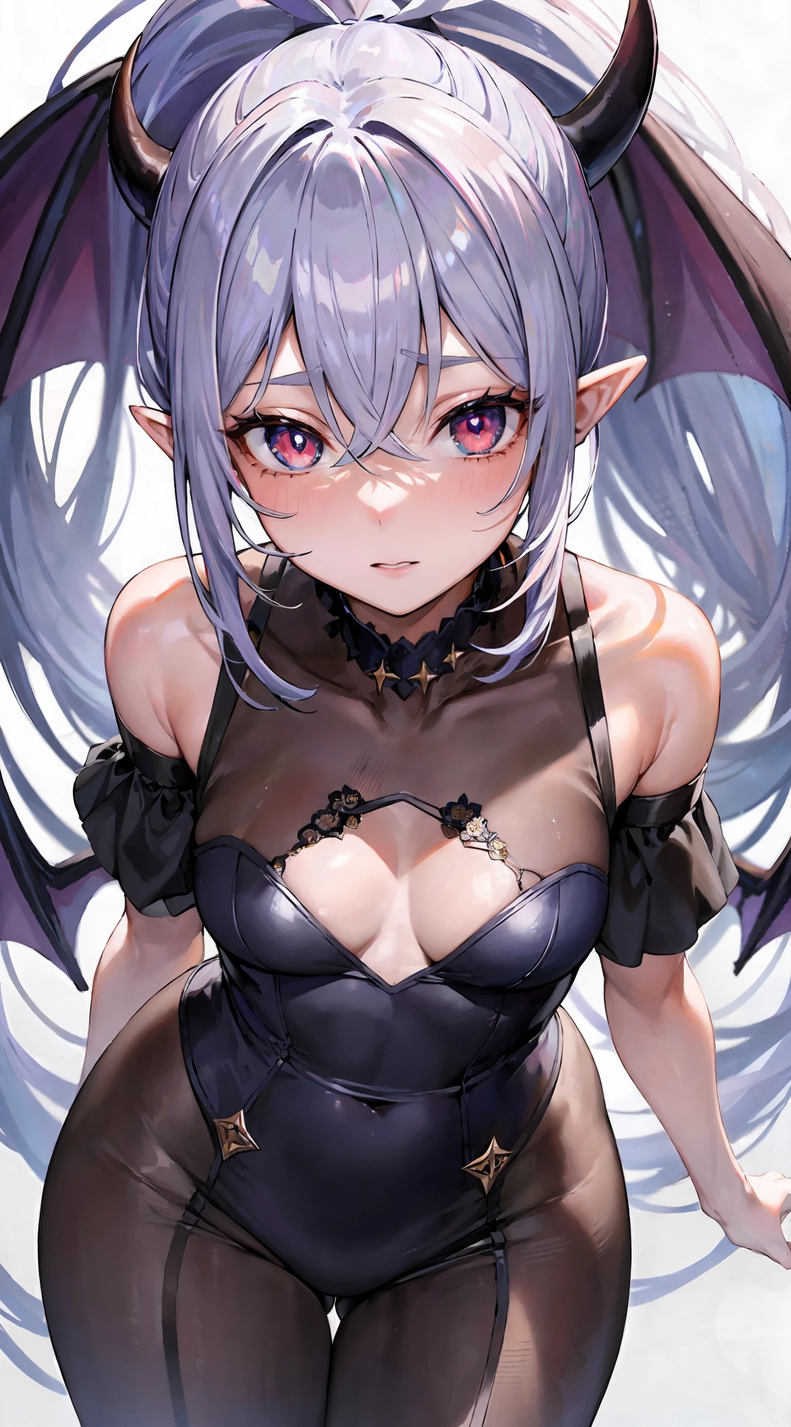 ((masterpiece, best quality)), 1girl, (mature female:1.4), 130mm f1.4 lens, 1girl, solo, pointy ears, heart-shaped pupils, microdress, from above, demon girl, flat chest, demon wings, saturated, colorful, multicolored hair, silver hair, bleu hair, multicolored eyes,SLE, mksks-style, Top quality, Masterpiece, Detailed background, Very detailed, Complex and detailed face, Long eyelashes, Detailed eyes, (Adult female, standing: 1.1), (High ponytail: 1.3), (Thighs thick: 1.0), (Big: 1.3), (White background: 1.3), (Solo: 1.3)