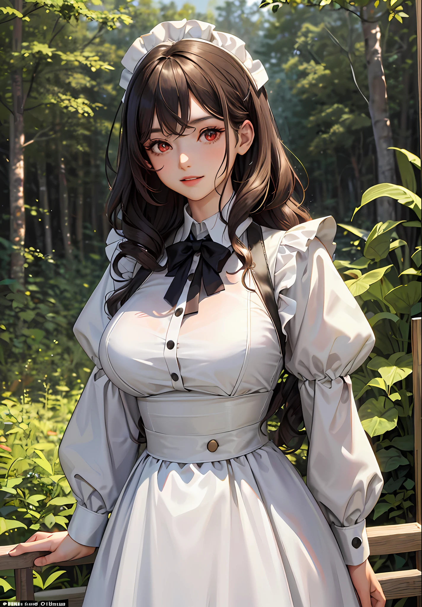 (masterpiece:1.2, best quality), (30 years old,solo, upper body:1.2), Clothing: Maid outfit, ((conservatively dressed)), Hair: Big wavy curls, Makeup: Natural, glowing skin, Behavior: relaxed, carefree, free-spirited, Location: wild, forest, Tyndall effect, outdoor festival, red eyes, big bust