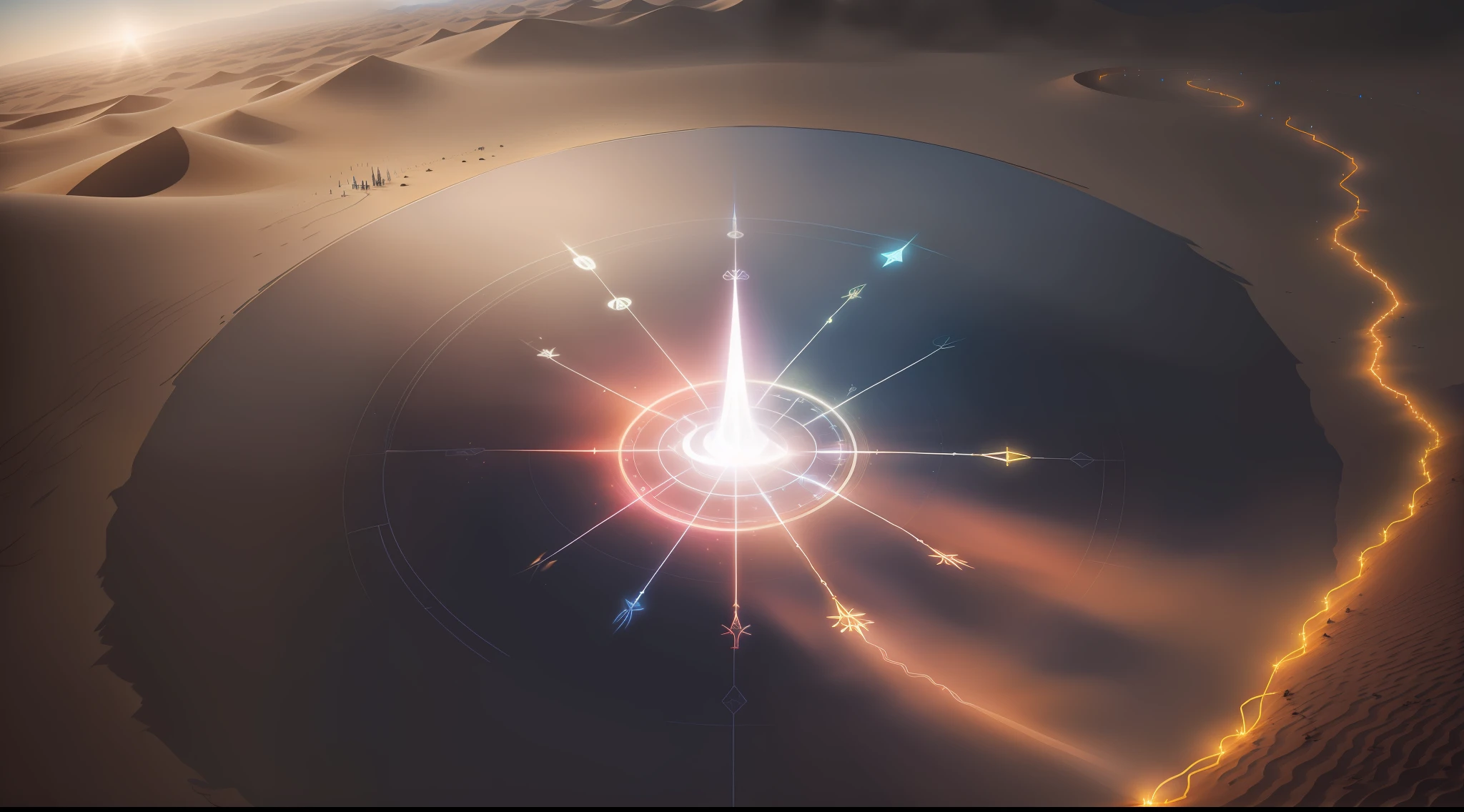 In the image, enlightened spirits illuminating a spiritist meeting with participants in the desert, showing in the image transmission of messages between the spiritual and physical planes, a lot of concentration of the participants and lights of the spirits