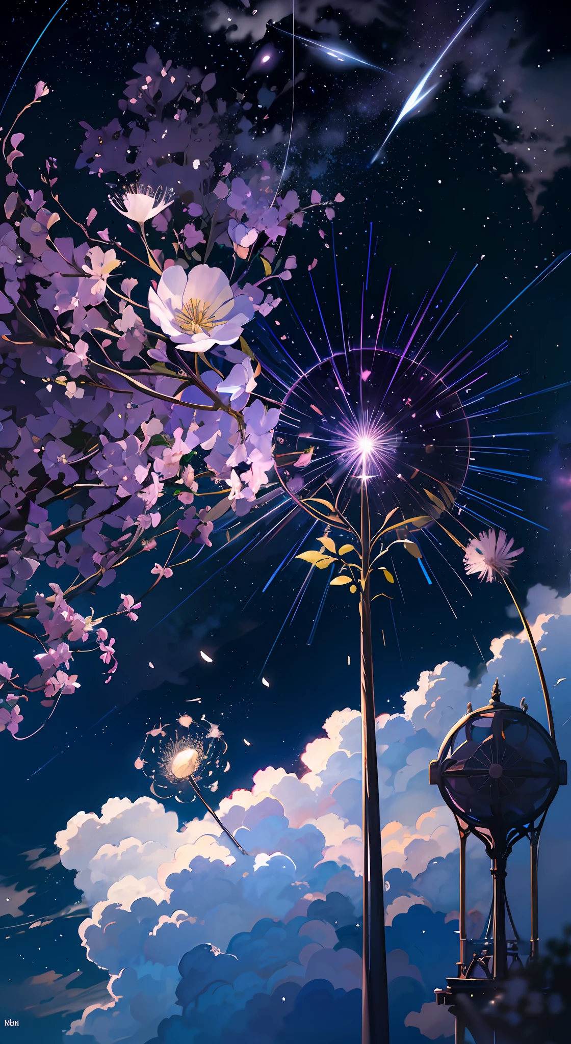 (Absurdres, Cinematic, UHD, higher, ultra detailed, ultra detailed), dark purple sky, nebula in the sky, 5 lattern in the sky, big moon in the sky, planet in the sky, shooting star, dandelion field, mountain, boy looking at the sky, boy in the rooftop, simple house, oil painting, detailed dandelion field, detailed flying train, detailed sky --auto --s2