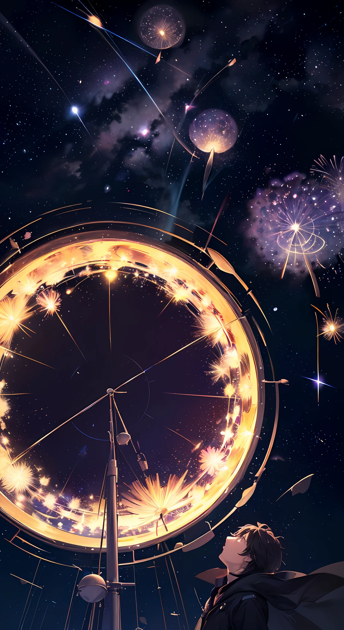 (Absurdres, Cinematic, UHD, higher, ultra detailed, ultra detailed), dark purple sky, nebula in the sky, 5 lattern in the sky, big moon in the sky, planet in the sky, shooting star, dandelion field, mountain, boy looking at the sky, boy in the rooftop, simple house, oil painting, detailed dandelion field, detailed flying train, detailed sky --auto --s2
