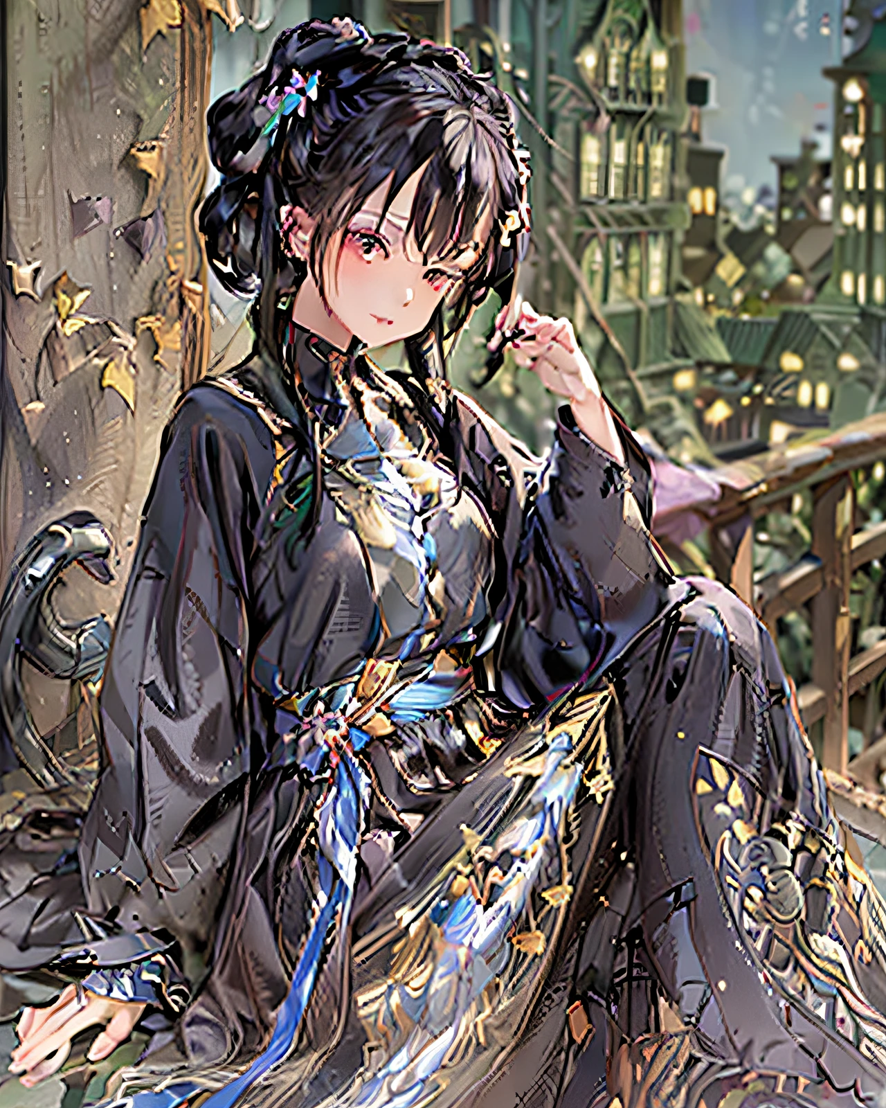 a girl wearing black top sitting on a skyscraper edge, by studio ghibli, city scenery, detailed illustration, official art, in the style of kawacy, graceful movement, nocturne, composed, hd wallpapers