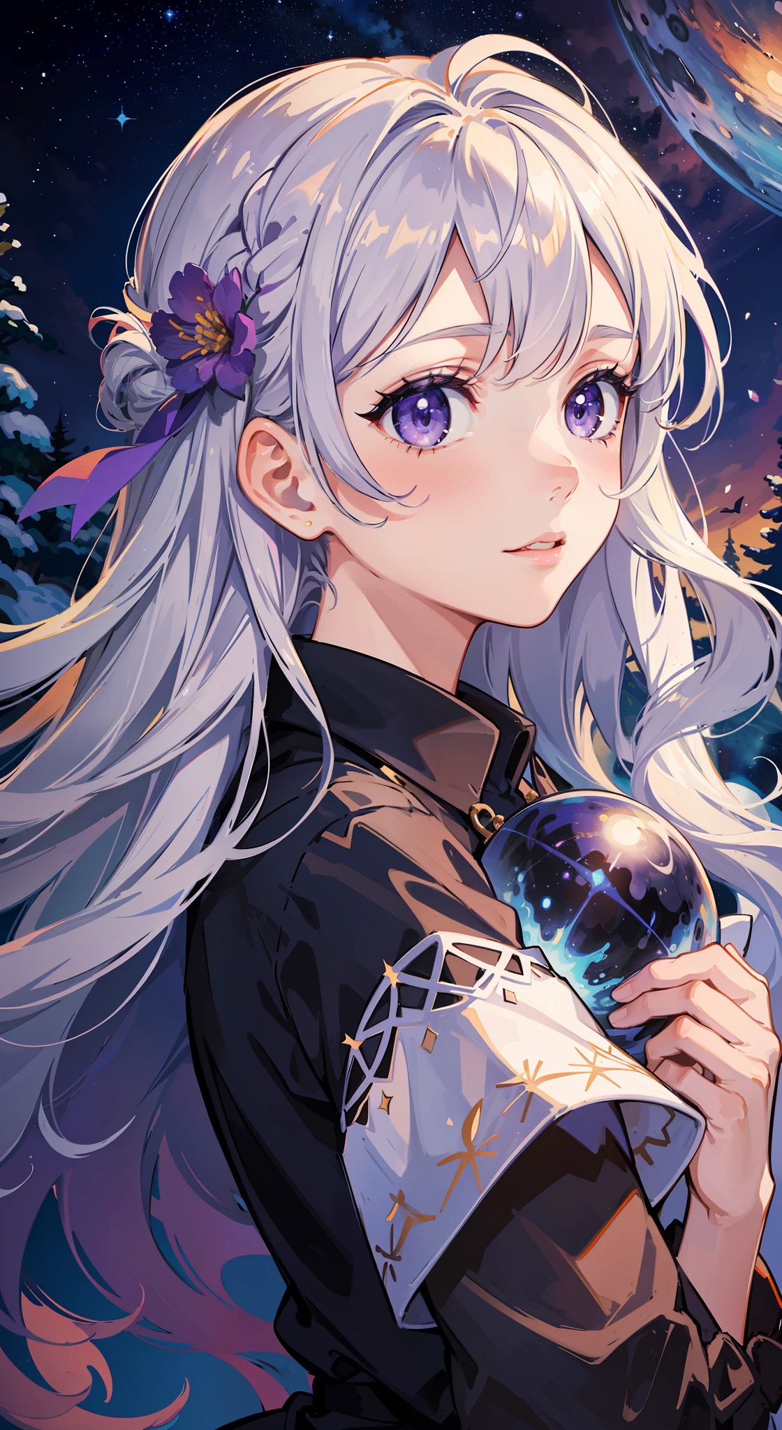 (absurdres, highres, ultra detailed), solo, 1girl, happy, lookung at the sky, holding big moon, upper body, long hair girl, fantasy, dreamy, winter, purple blue night sky, blue, purple orange, lattern sorround, old building, oil painting, flower field, forest, mountain, galaxy in the sky, nebula in the sky, wavy sky, detailed face, extremely detailed eyes