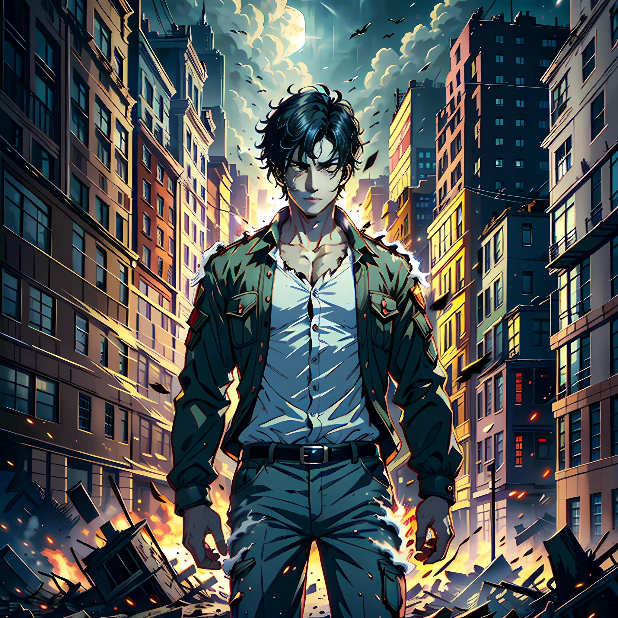 A handsome boy stands up, short black hair, characters super detailed, about to turn into zombies, front, collapsed buildings, rubble, fire +, billowing smoke, fear +, rollover, night, horror, half moon in the sky, apocalypse, no blood, highly real, UHD, chiaroscuro, super high detail