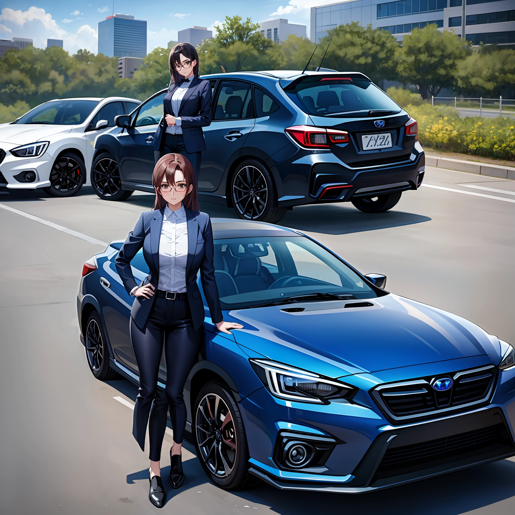 Woman standing with car, glasses, GRB . IMPREZA、SUBARU、