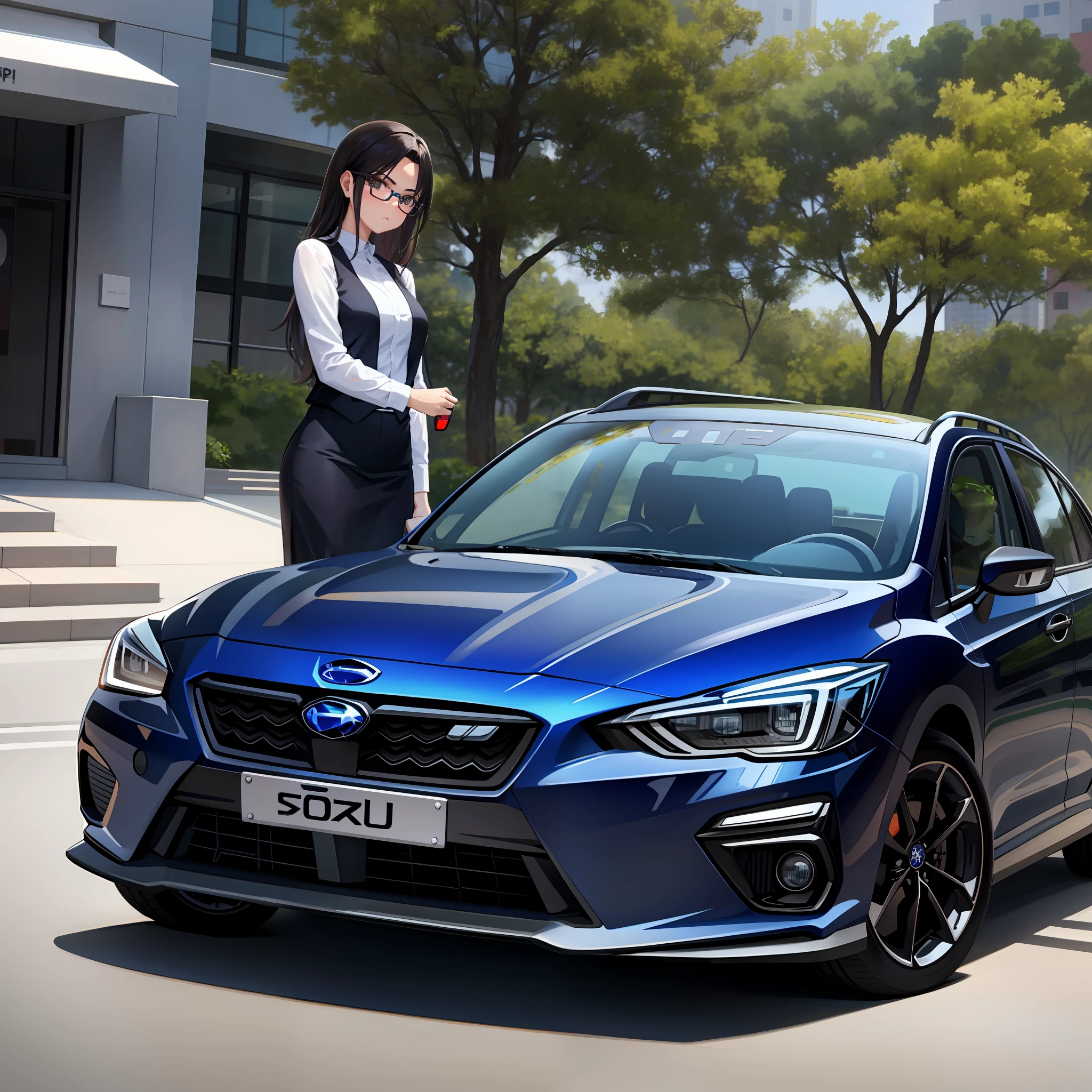 Woman standing with car, glasses, GRB . IMPREZA、SUBARU、