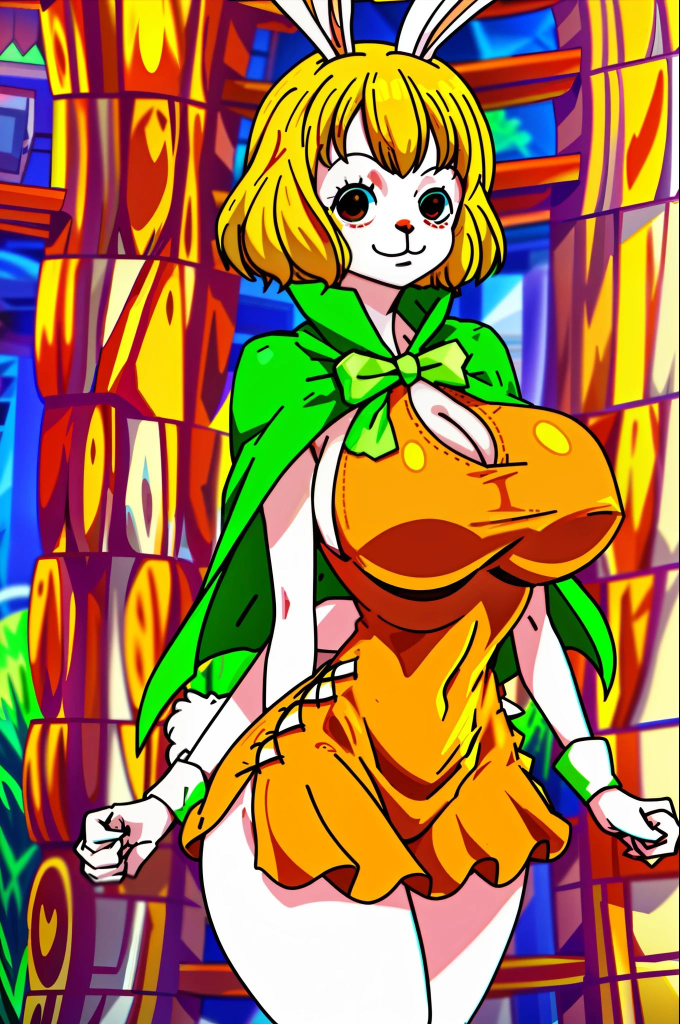 carrot_\(one_piece\), white_skin, 1girl, rabbit_girl, solo, standing, (huge massive breasts), (sideless_outfit:1.3), (sideboob), (cross-laced_top), orange_dress, short_dress, cleavage, cape, gloves, bare_legs, embarrassed, smile, brown_eyes, yellow_hair, short_hair, rabbit_tail, rabbit_ears, green_bowtie, forest, NAKED hard