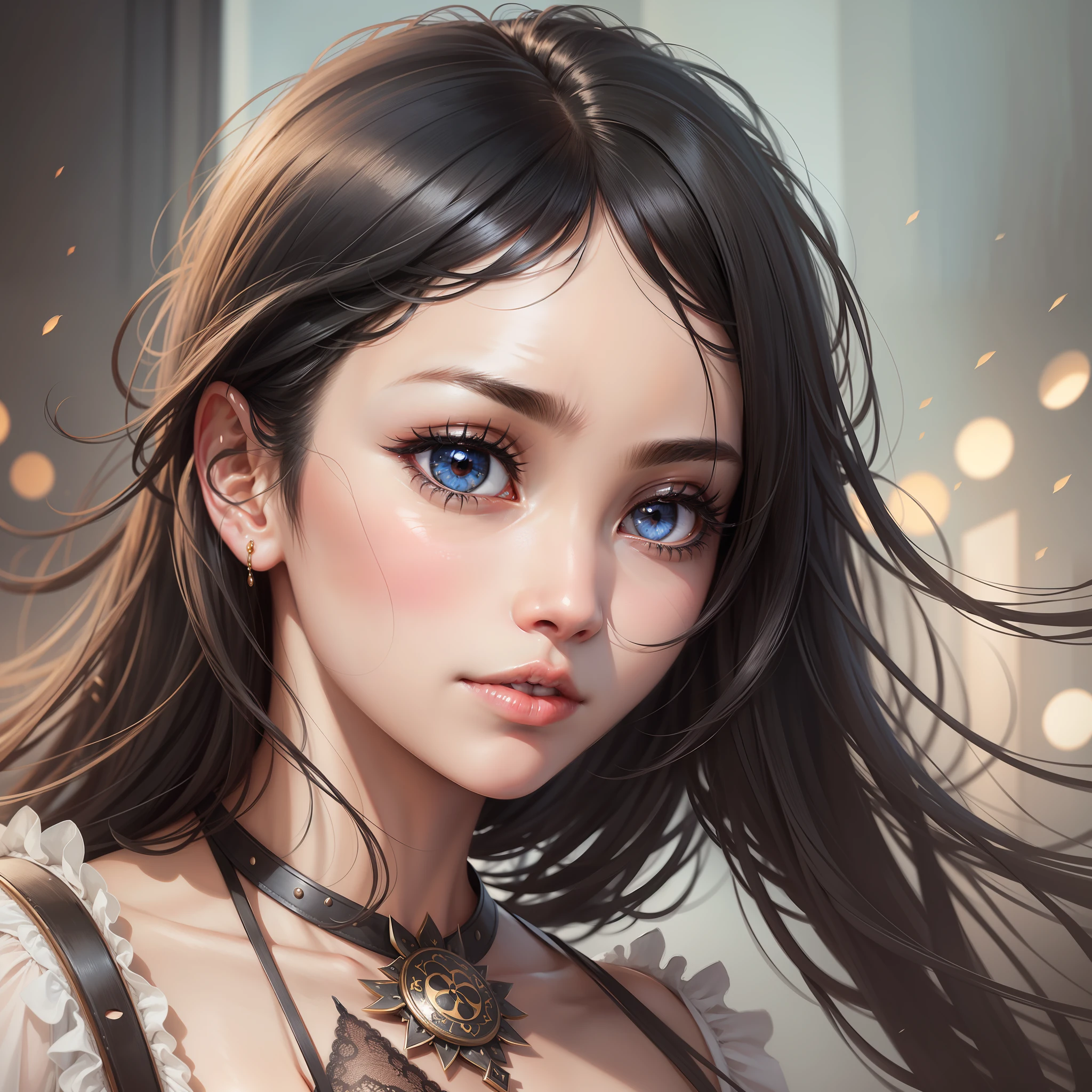 Detailed face, woman, black hair, bangs, bright eyes, small eyes, charming eyes, realistic look, seductive eyes, facial frontal angle, face focus.