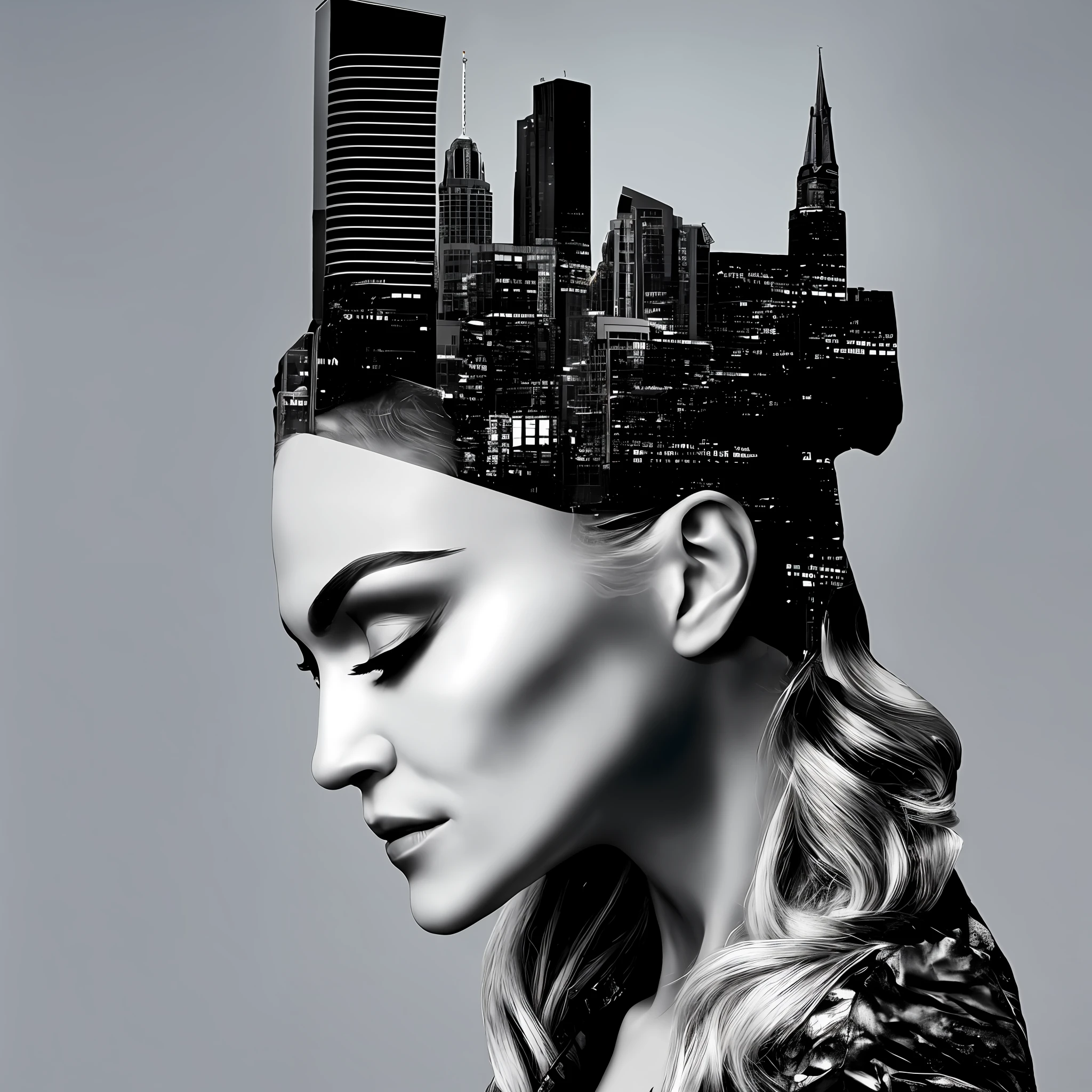 dblxp profile of madonna made out of a city, grey background, photo