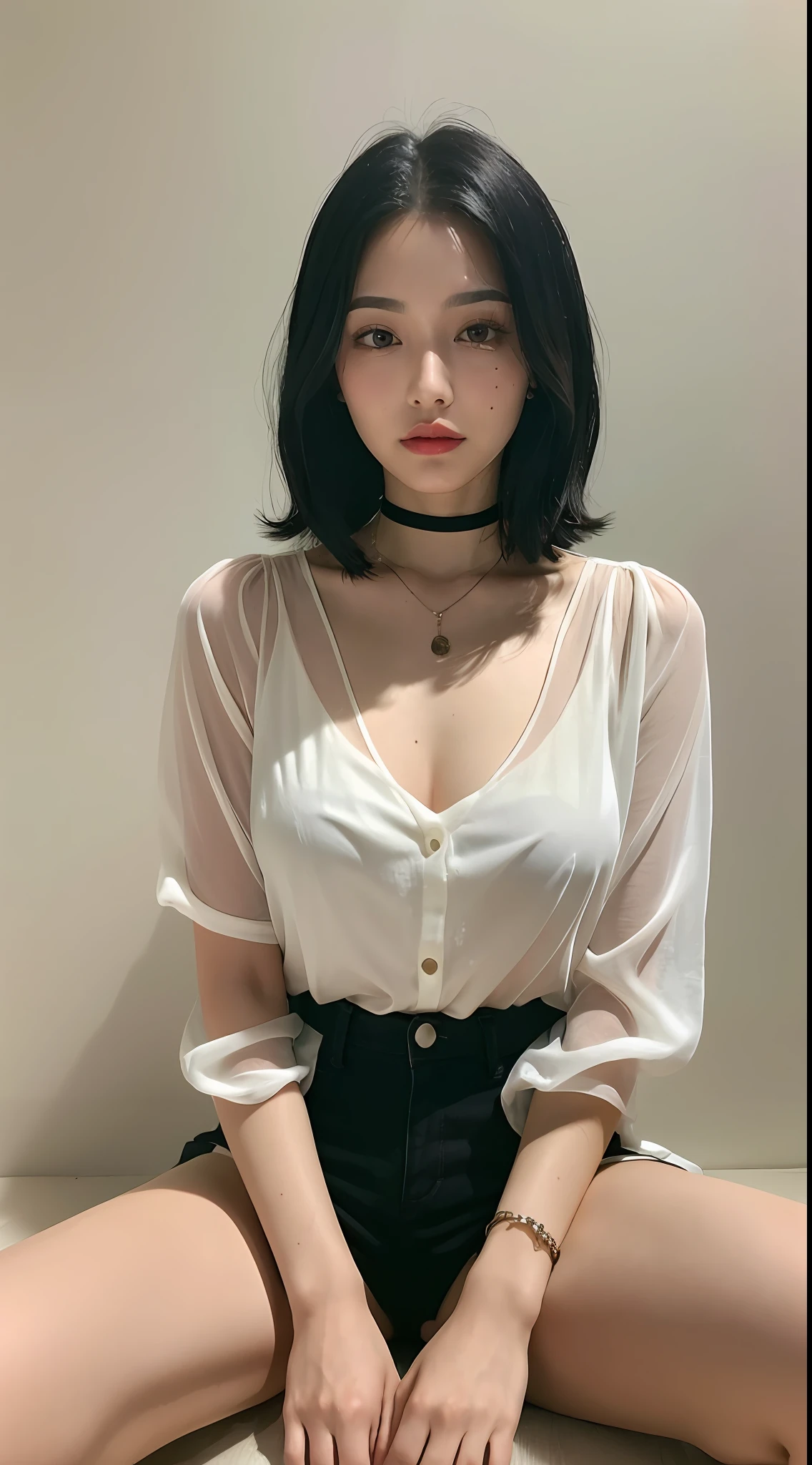 Black hair bob, (8k, RAW photo, photorealistic: 1.25), (very much lip gloss, many eyelashes, highest quality, ultra high resolution, depth of field, chromatic aberration, caustics, wide light, natural color, Japanese , Female in her 30s) Staring at the viewer, necklace, bracelet, choker, full body, big breasts, mole on chest, bare legs, see-through blouse