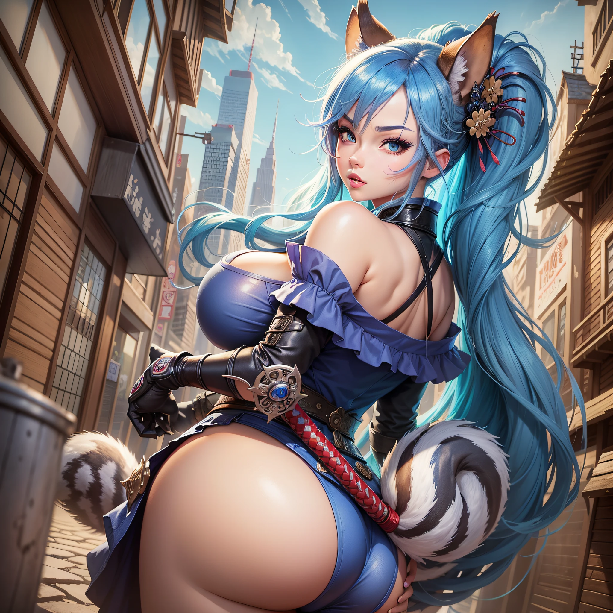 A woman, big boobs and ass, gorgeous eyes and extremely detailed squirrel ears in anime style cartoon style with blue hair and wearing samurai clothes, digital drawing and colorful city in the background, sexual expression.