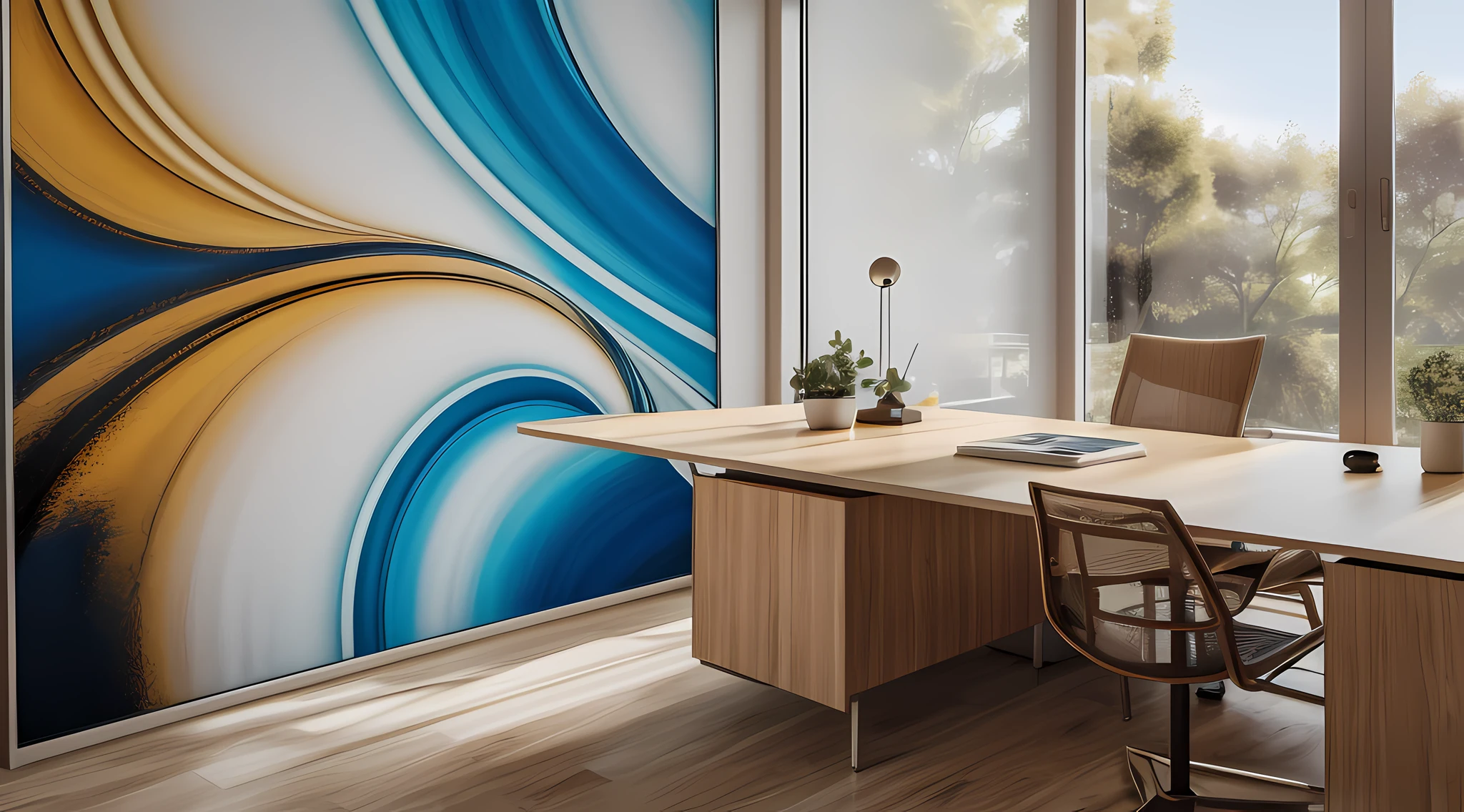 Office, spacious, bright, desk, neat, computer, coffee, abstract art painting, gauze curtain, sunlight, floor, closed portrait, subtle details, Full HD, 8K, high resolution, super high quality, high detail, full detail reality, surrealism, ultra wide angle lens, canon 5D