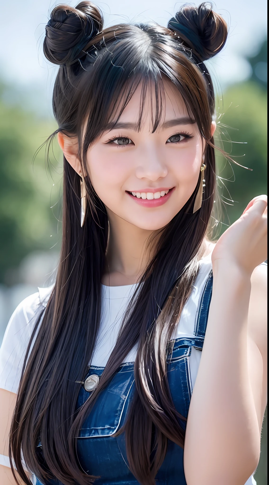 black hair, hair bobbles, wince, longeyelashes, solid circle eyes, fake animal ears, light smile, ear blush, fang, double bun, gradient hair, Surrealism, drop shadow, anaglyph, stereogram, tachi-e, pov, atmospheric perspective, cowboy shot, Sony FE GM, 8k, super detail, ccurate, best quality，