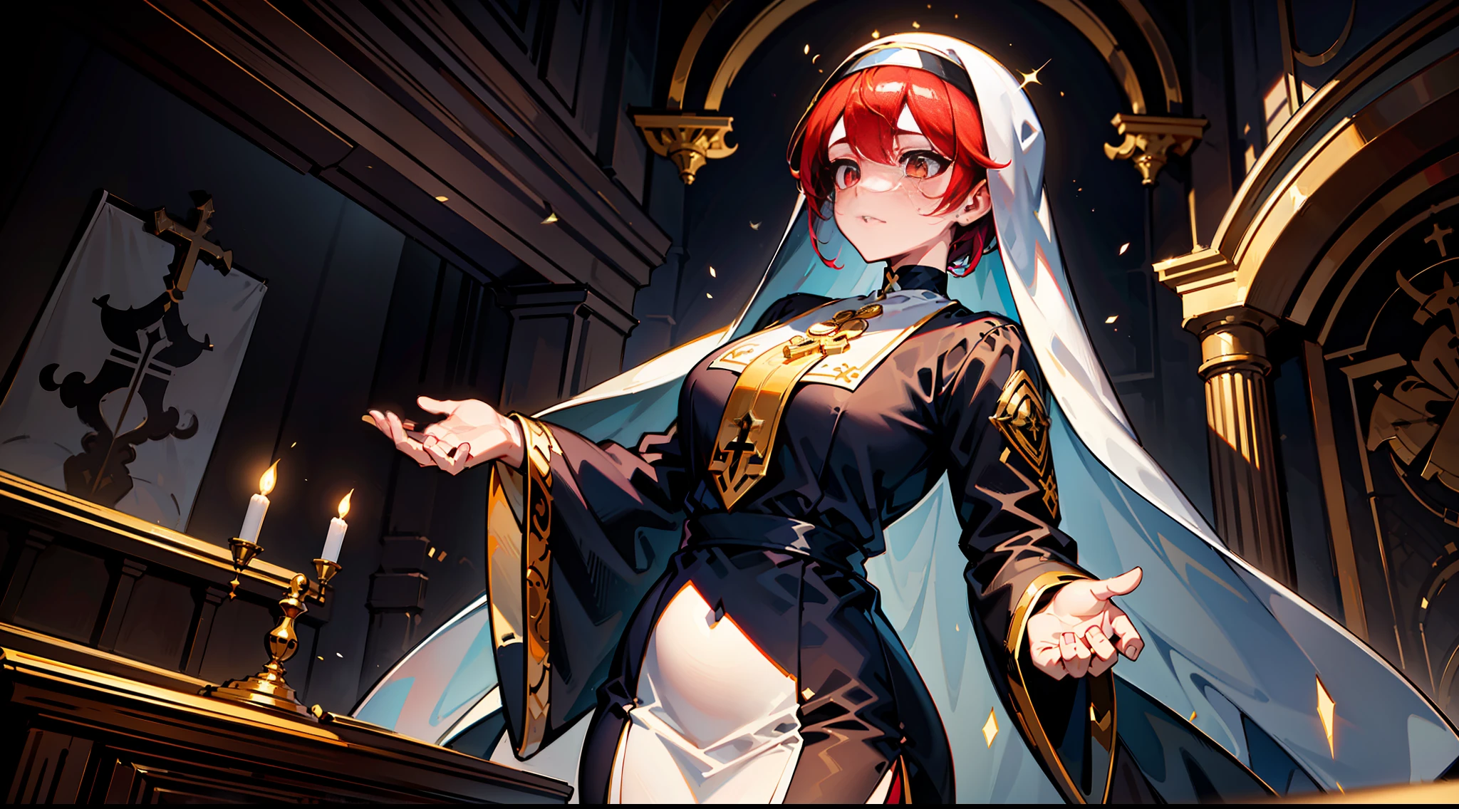 8k, masterpiece-level CG quality, extremely detailed picture, normal character proportions, the character is a nun image, the head is tilted towards the audience, hands folded in prayer, wearing a gold-rimmed nun dress, thigh straps, reflecting normal limbs and plump body, expression frightened, the picture is full of bloody eyes and dazzling creatures, colorful hair, anime style canon, delicate skin texture, anatomically correct, resolution UHD, high picture quality, up to 16k, the background of the picture is a dark style Catholic church, Using the meticulous light tracing technique, the characters have outrageous tattoos, the uniforms are gorgeous, and the nuns' clothes are gold-rimmed, which is unique and has a unique perspective, and the evil emotions run through the picture. An evil light fell above.