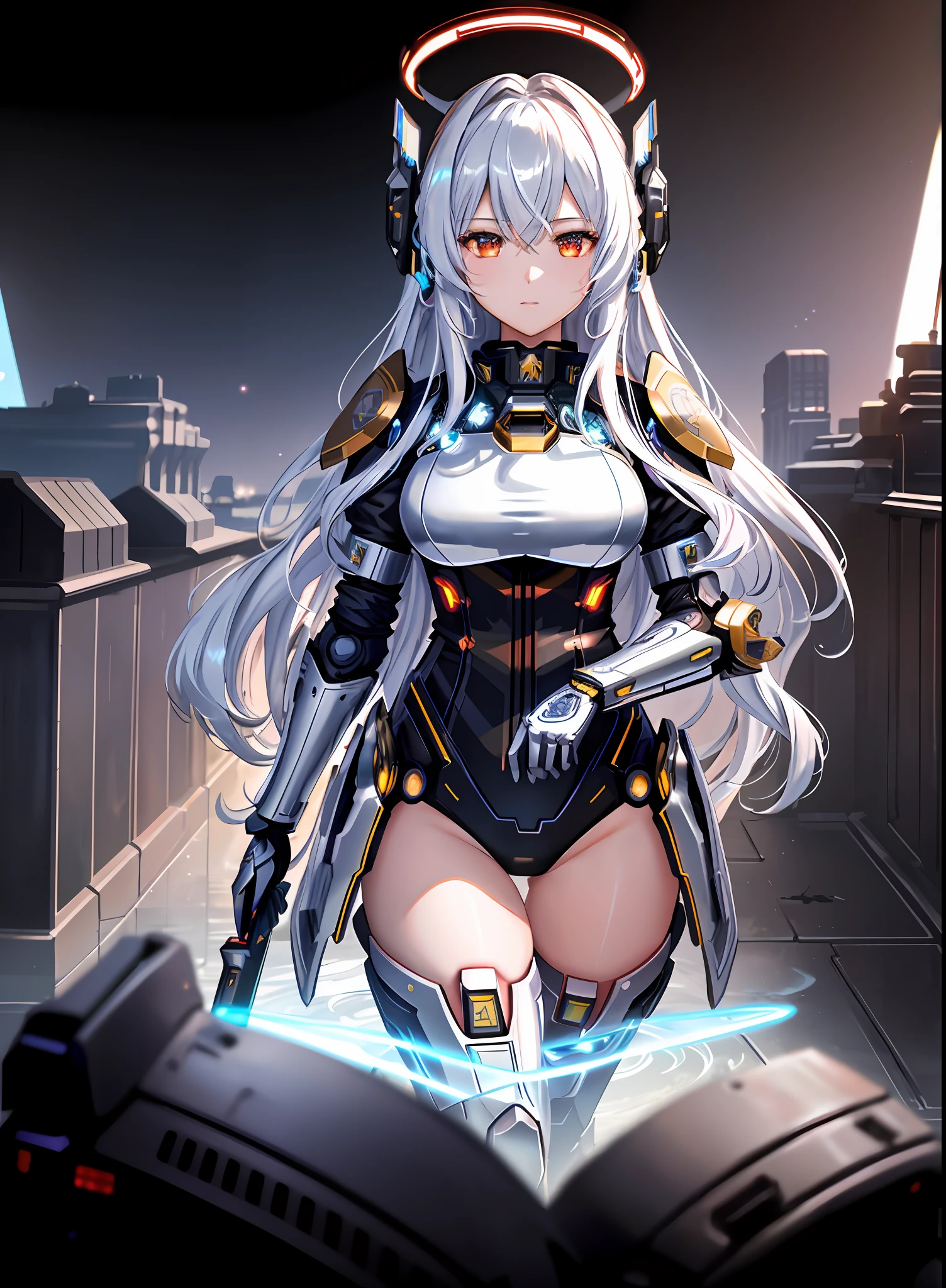 masterpiece,best quality,ultra-detailed,very detailed illustrations,extremely detailed,intricate details,highres,super complex details,extremely detailed 8k cg wallpaper,cowboy shot, caustics,reflection,ray tracing,demontheme,nebula,dark aura,cyber effect, (1girl:1.4),solo,alone,mecha musume,mechanical parts, robot joints,single mechanical arm, headgear, mechanical halo,star halo,intricate mechanical bodysuit, mecha corset, full armor, very long hair,white hair, hair between eyes, multicolored hair, colored inner hair, red eyes,glowing eye,eye trail, random expressions,random action, ancient japanese architecture,pond, starry sky,skyline,