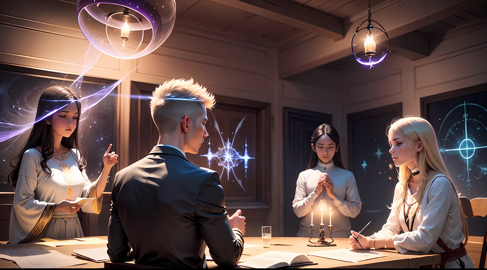 In the image, enlightened spirits illuminating a spiritist meeting with participants in the small room, showing in the image transmission of messages between the spiritual and physical planes, a lot of concentration of the participants and lights of the spirits --auto --s2