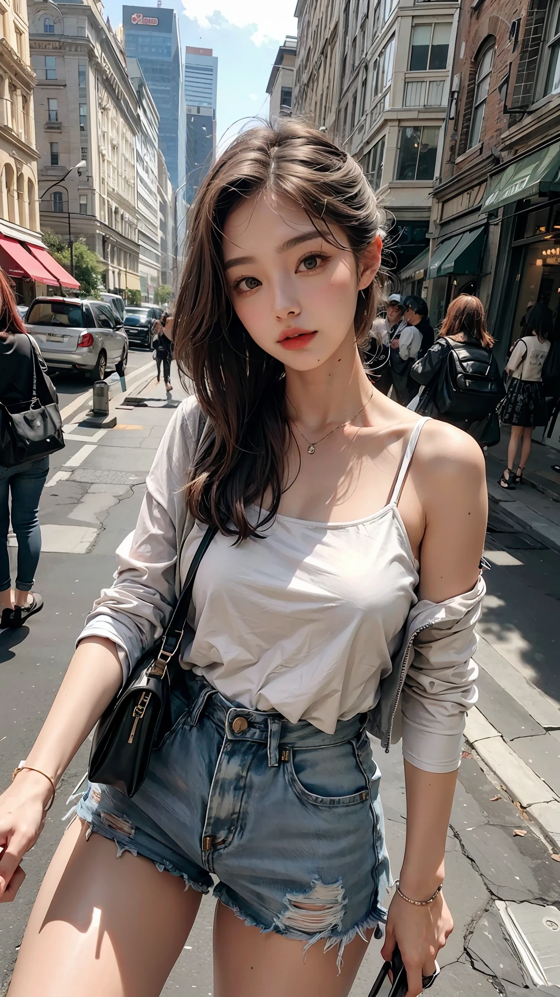 Beautiful woman, fiddling with cell phone in the middle of the street, short clothes