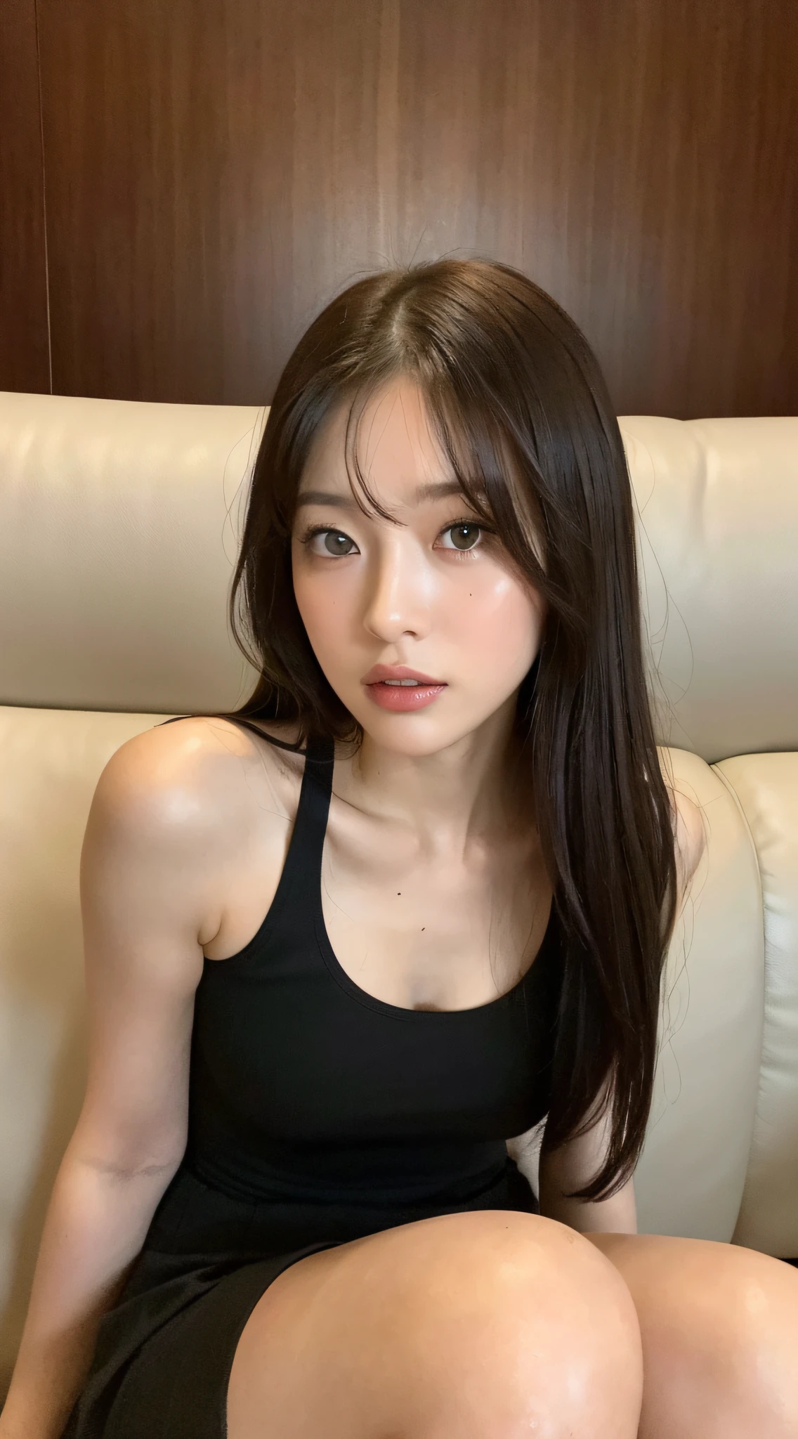 ((Top Quality, 8k, Masterpiece: 1.3)), Pretty Woman, 1 Woman, Colossal: 1.3, (Slender Figure: 1.1), Sexy, Dark Brown Hair, (Sit on the couch, Cross Legs, Skirt: 1.1), Ultra Detailed Face, Detailed Lips, Detailed Eyes, Double Eyelids, Low Rise, Protruding Buttocks, Crawling on All Fours