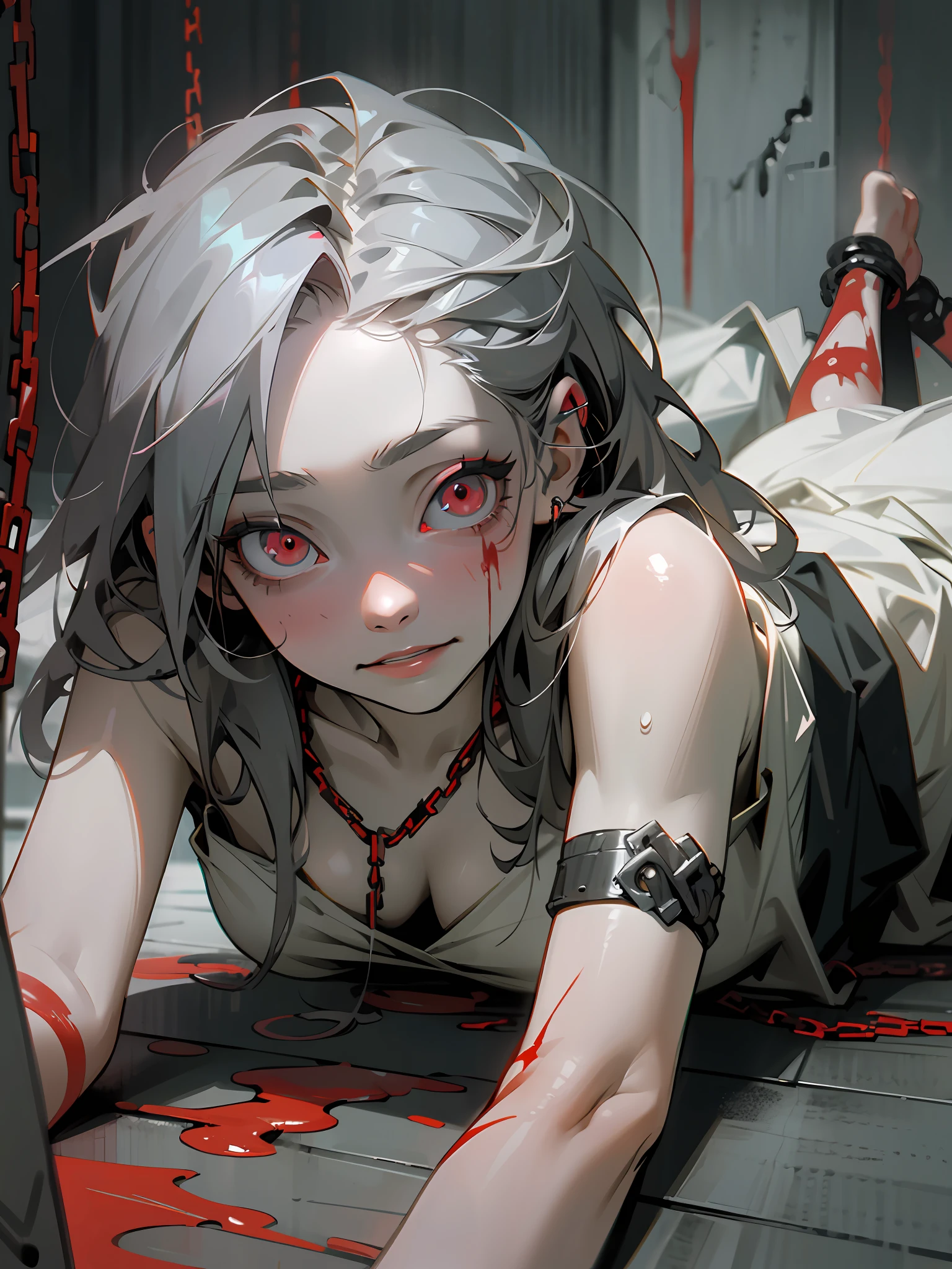 masterpiece, best quality, 1 girl, supine, lying face down on the floor, pale skin, messy hair, red eyes, glowing eyes, creepy, creepy smile, crazy expression, blood on face, blood on clothes, naked, creepy, scary, blood, horror, light particles, night, iron bracelets with chains