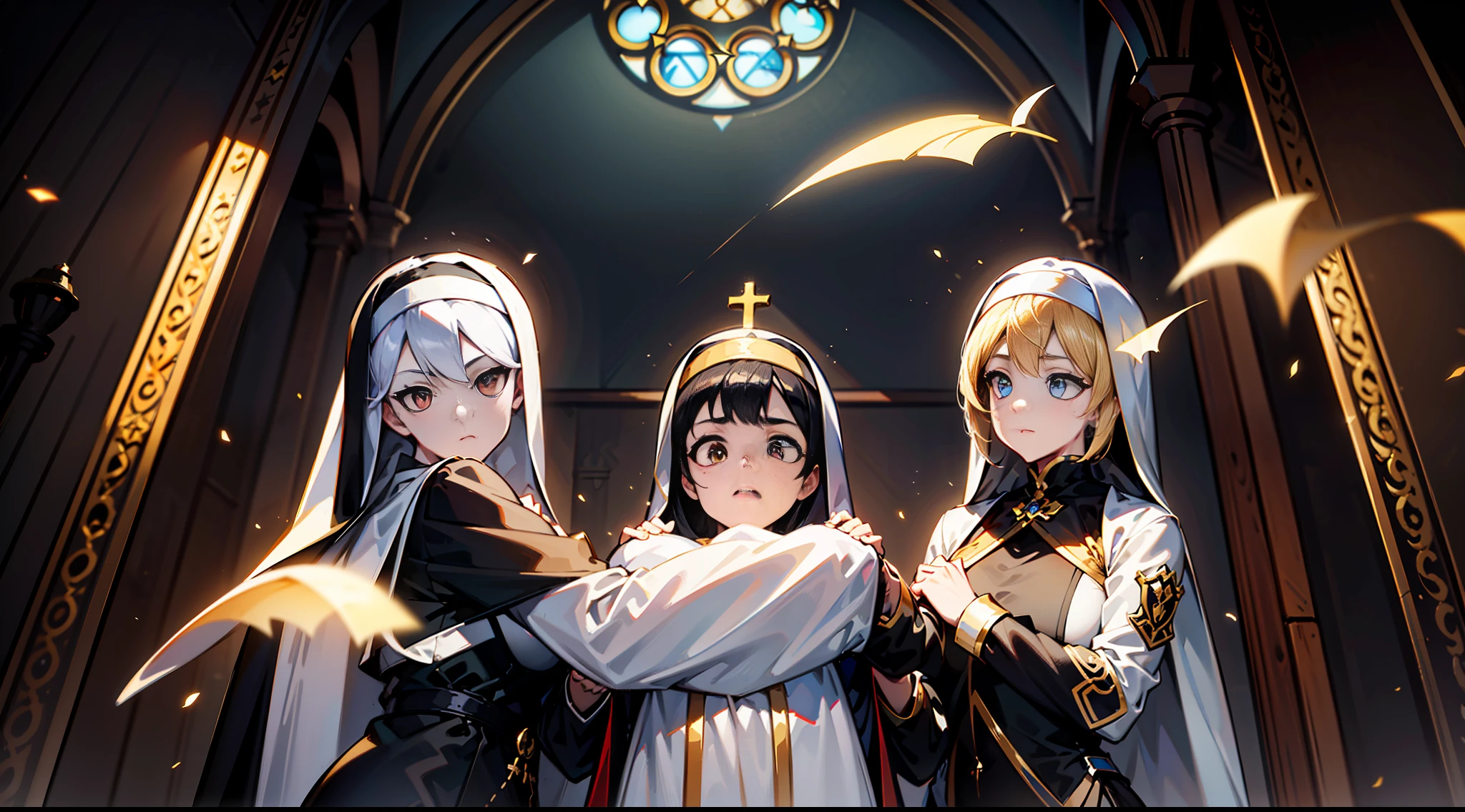 8k, masterpiece-level CG quality, extremely detailed picture, normal character proportions, the character is a nun image, the head is tilted towards the audience, hands folded in prayer, wearing a gold-rimmed nun dress, thigh straps, reflecting normal limbs and plump body, expression frightened, the picture is full of bloody eyes and dazzling creatures, colorful hair, anime style canon, delicate skin texture, anatomically correct, resolution UHD, high picture quality, up to 16k, the background of the picture is a dark style Catholic church, Using the meticulous light tracing technique, the characters have outrageous tattoos, the uniforms are gorgeous, and the nuns' clothes are gold-rimmed, which is unique and has a unique perspective, and the evil emotions run through the picture. An evil light fell above.