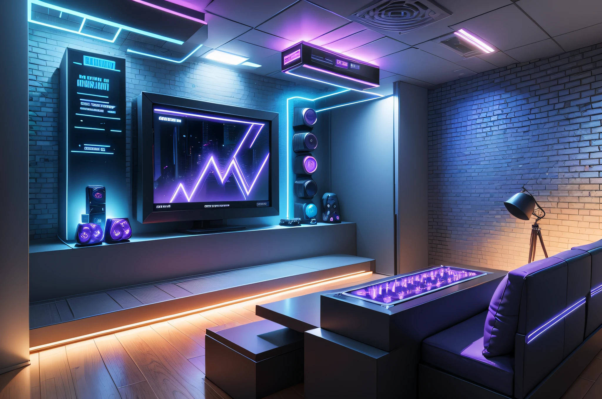 A cozy and unique environment for your podcast. The room is dark cyberpunk illuminated by blue and purple neon lights, with a small brick wall serving as a chrome backdrop. The shelf displays action figures and pop culture posters, while a line of lightning-bolt-shaped LED reads "Podcast On Air" 3 dimensions large wall large wall black wall, minimalist --auto --s2