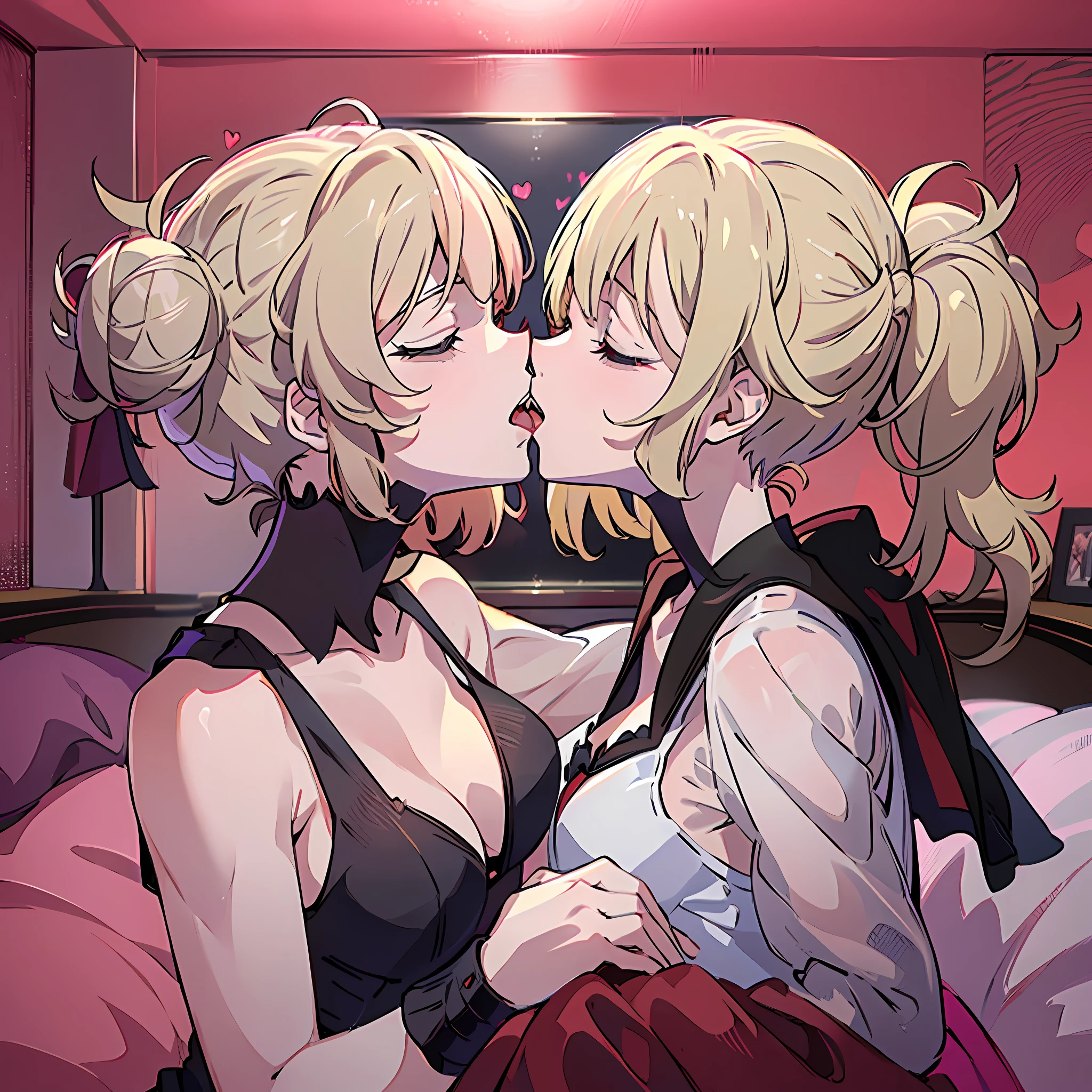 red girls, scale, flat breasts, , , kiss, yuri, looking at each other, hug, passionate, touching, tongue, mouth open, toga and kotoko, (2girls), short hair, two separate girls, different hair, blonde hair, french kiss, romantic, erotic, bed, bedroom, beautiful face, closed eyes