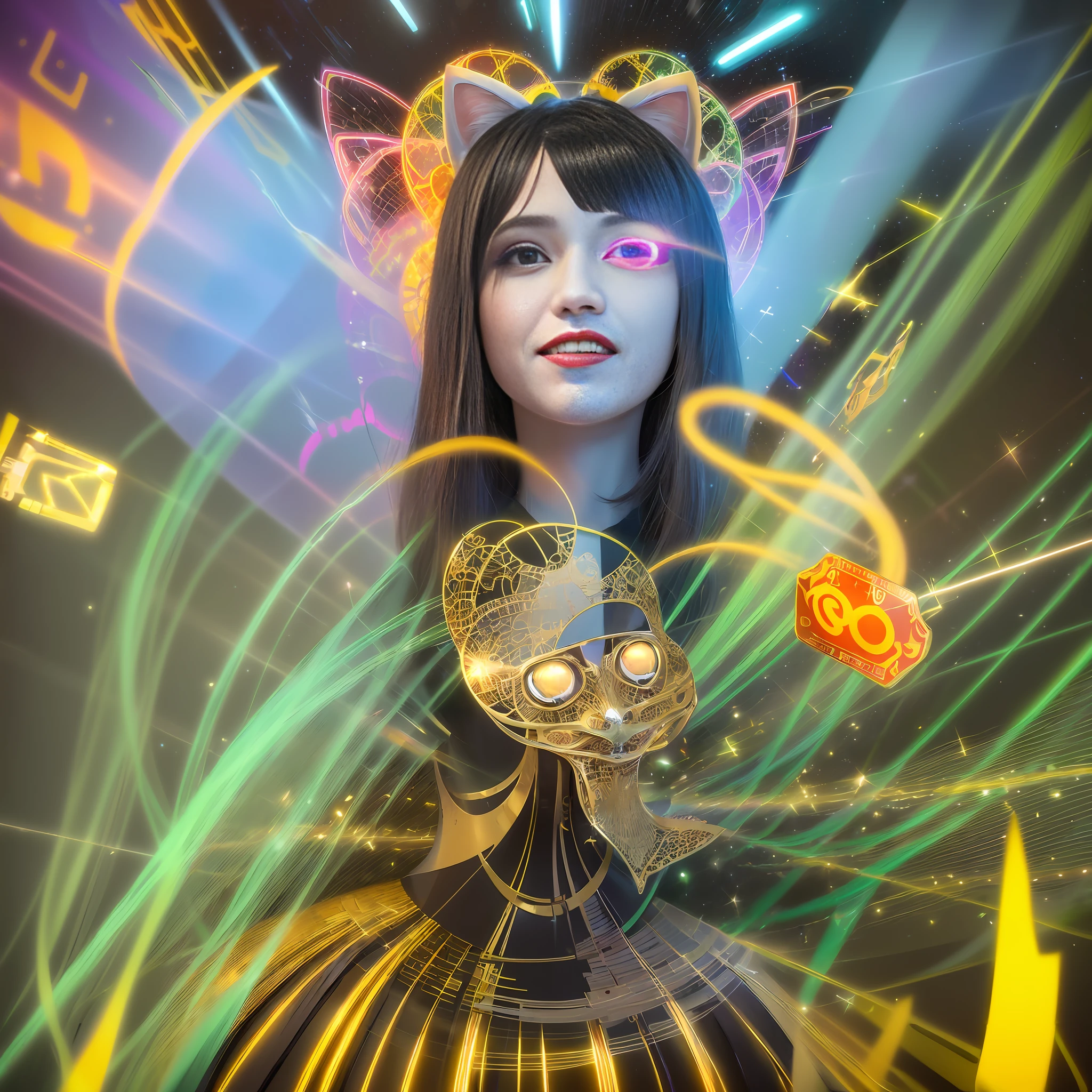 (surreal pop:1.4) (cyberpunk) (postneocubism-dotist art:1.7), ectoplasmic circus mask by tyler hobbs and sofia crespo (biosemiotics), a humanoid figure with a (smiling robotic cat head:1.6) and wings made of metal bones and wires emerges from a cosmic circus of patterns and textures made of asemic symbols (like circus posters and tickets:1.4). the figure is bathed and dripping gold (show texture details) and wears a boris bidjan saberi outfit with art nouveau embroidery, pearl earrings, piercing, fine foliage lace and metal mesh. its body is adorned with mandelbrot fractals, facial muscles, wires, microchips and detailed metal bones. its colors are iridescent. the image is rendered with ultra detailed cgi effects like subsurface scattering, reflections, shadows, volumetric lighting and film grain. the image is suitable for an album cover or wallpaper.