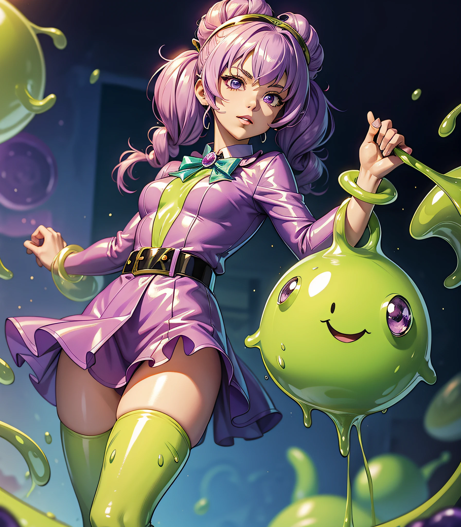 Slime boy, (slime) Slime hair Punch perm style, pearly purple, cosplay outfit, Masterpiece, Best Quality