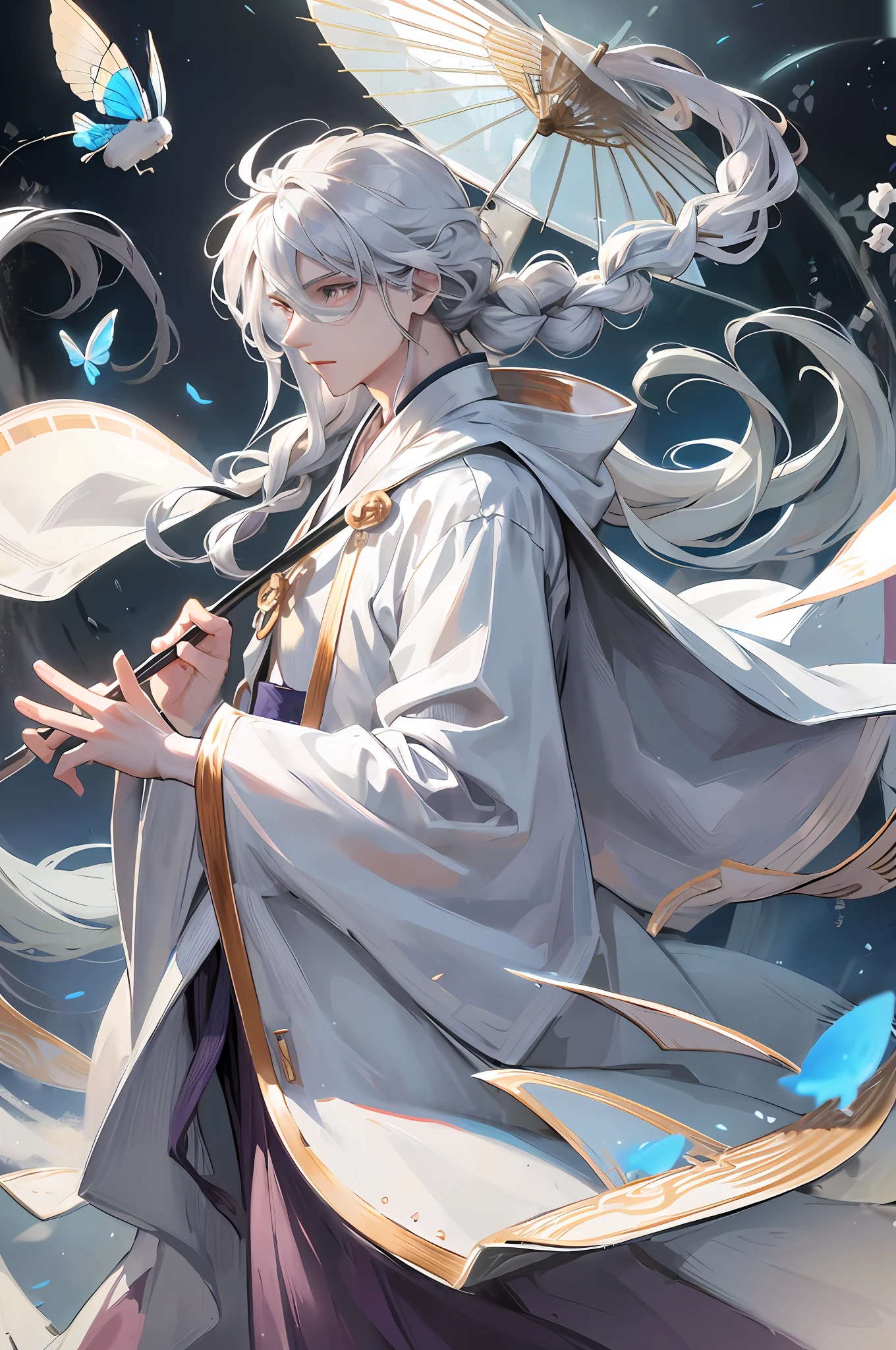 A boy, white Hanfu, long silver hair, delicate eye portrayal, handsome, fairy fluttering, holding a gorgeous umbrella, ancient style, mist, floating, wide robe with large sleeves, dynamic pose, dramatic composition, flying hair