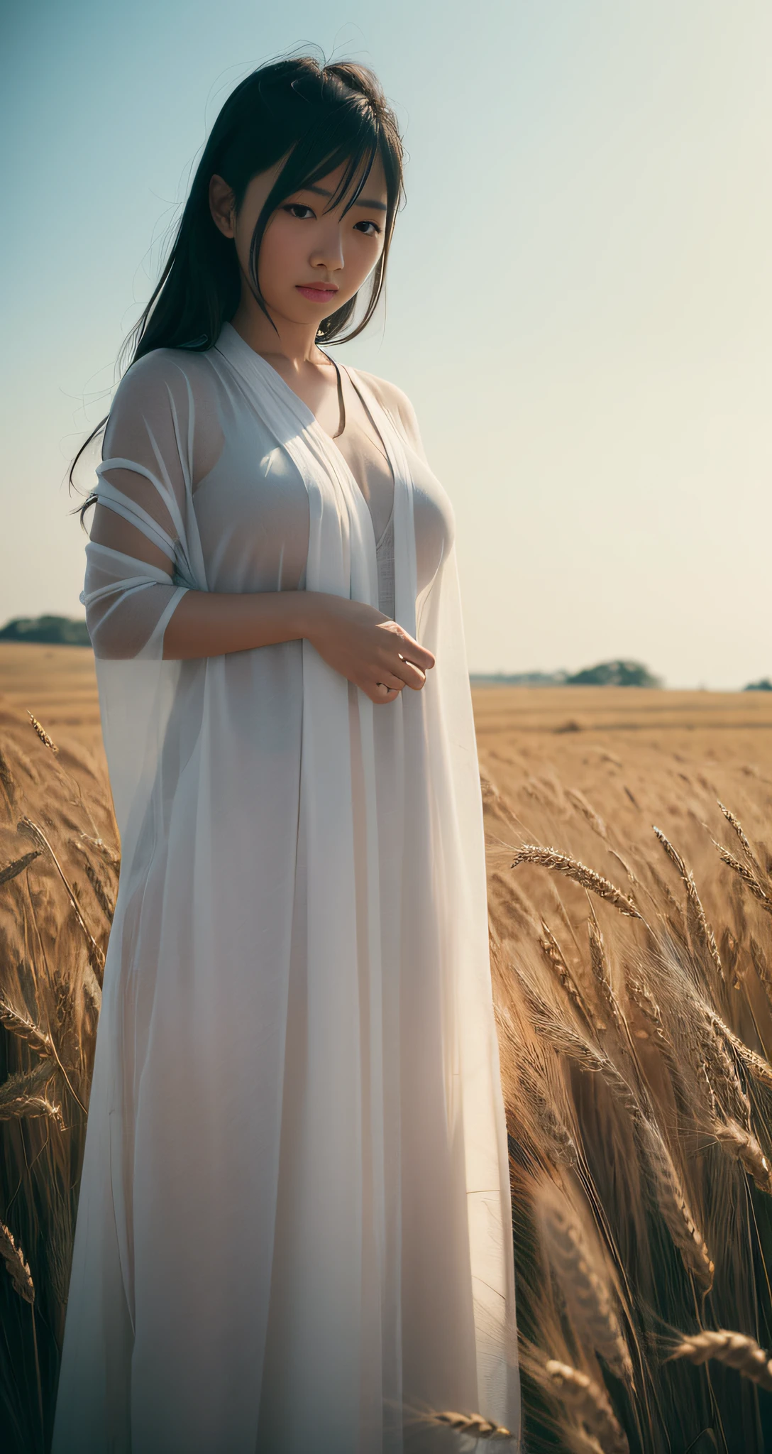 Under the sun, an oriental woman standing in a wheat field, full breasts, covered with white gauze, white and wet skin, backlight, film quality, 16k,