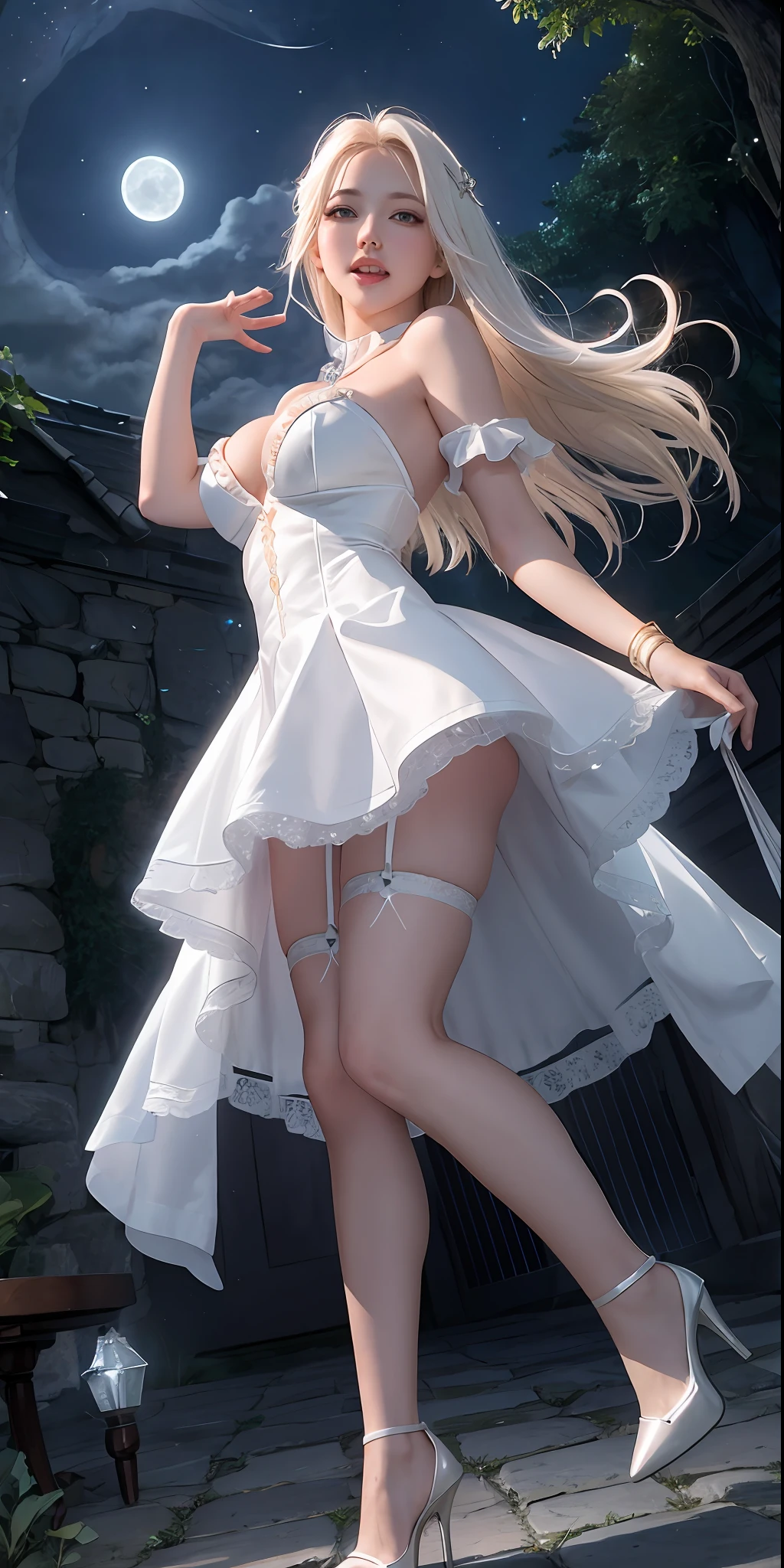 Hair white gradient blonde, from below, lifting mini skirt, inner, chilarism, teeth, night sky, beautiful healing face, goddess eyes, cleavage, garter belt, closed high heels, face focus, shiny skin, game CG, nearby sky, moonlight, red moon, white shining high heels, mini dress glass magical girl beauty, complex surface details, crystal core, Ethereal fantasy, real, fiction, Full HD, 8K photos