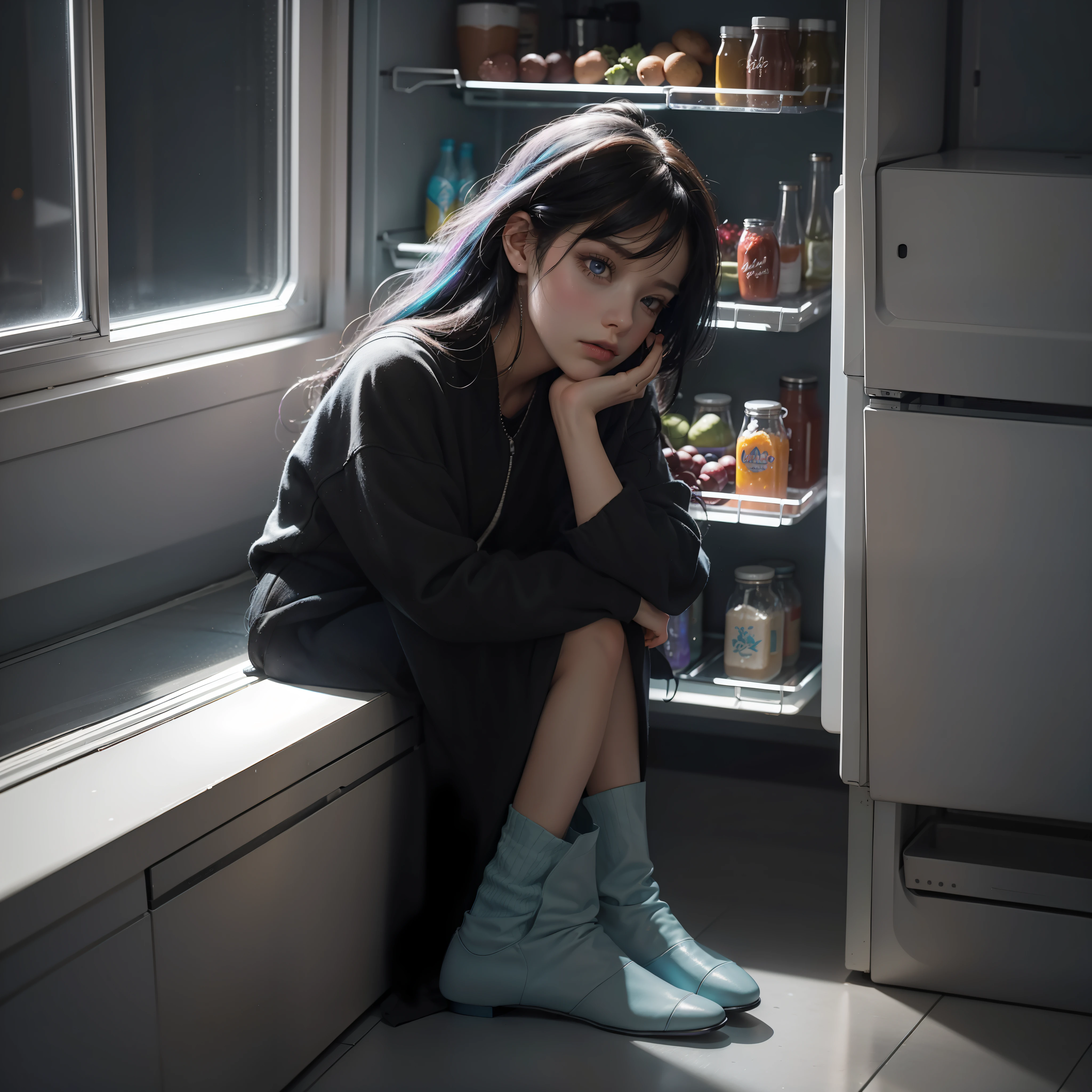 woman sitting on the floor in front of a refrigerator in a dark room, inspired by Elsa Bleda, brandon woelfel, low light photography, low key lighting, fridge, by Adam Marczyński, low key light, standing in a dimly lit room, low - key lighting, low-key lighting, refrigerator, dramatic low-key lighting